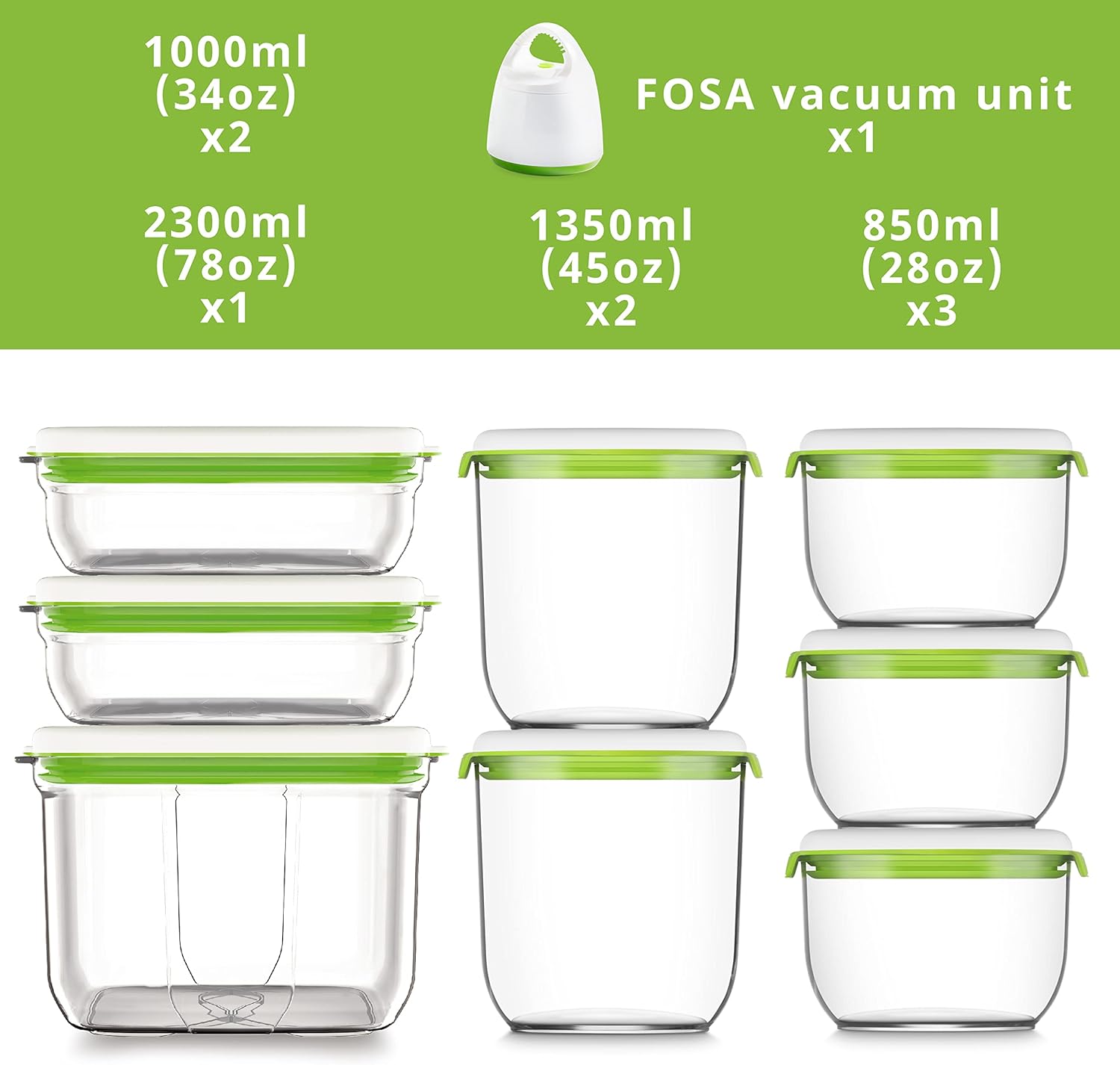 FOSA vacuum storage container set, 8pcs vacuum containers(28oz, 34oz, 45oz and 78oz) with vacuum unit