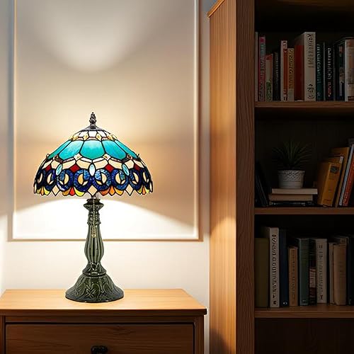 Miniatura 5 de Tiffany Lamp Stained Glass Table Lamps Blue Jewelry Baroque Style Desk Lamp 12X12X18.5 Inch Bronze Ceramic Base Reading Light Suitable for Bedside