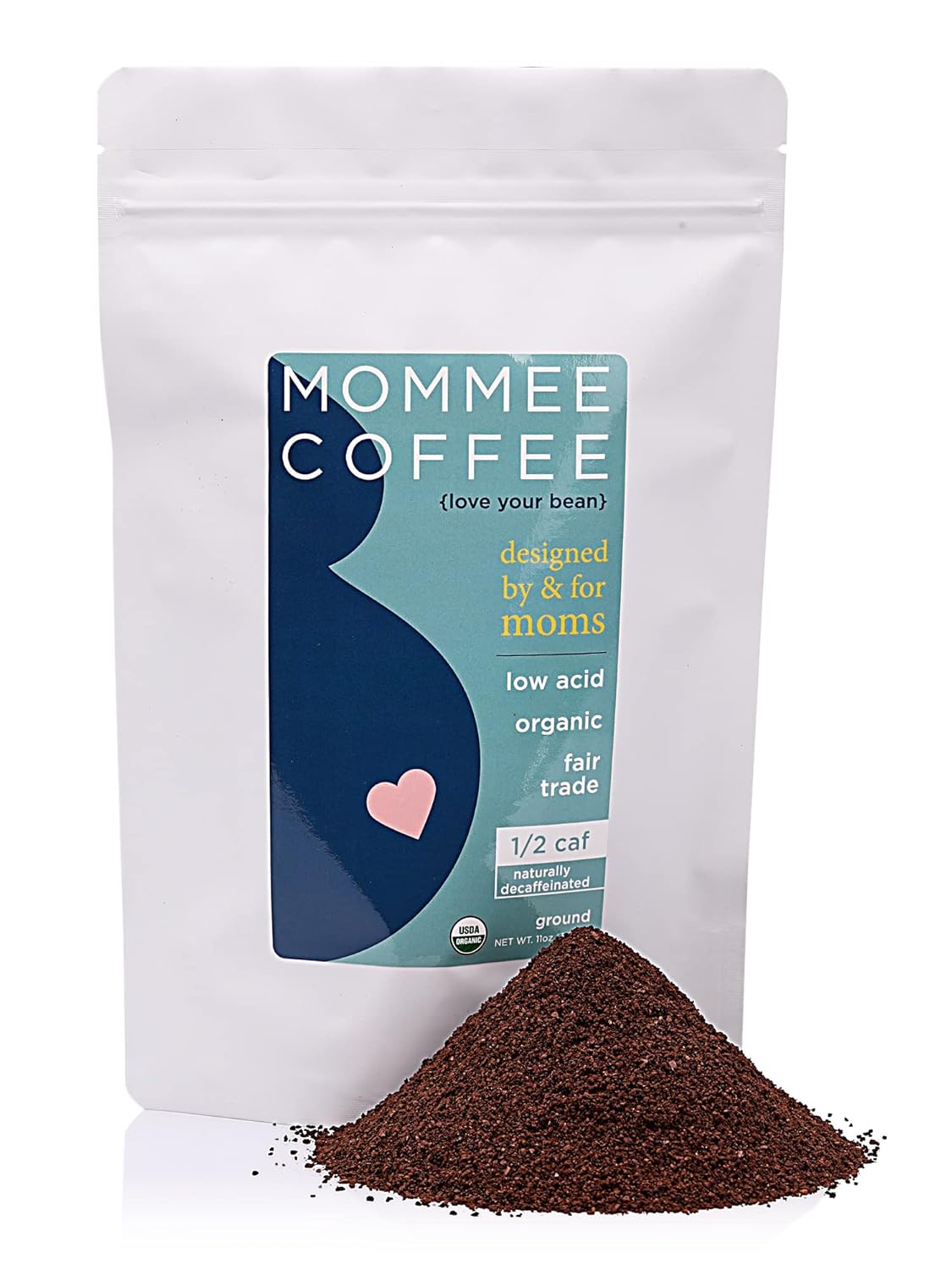 Mommee Coffee Half Caf Ground Low Acid Coffee – 100% Arabica Organic Coffee Beans with Smooth Caramel Flavor – Medium Grind for Drip, Reusable One Cup Filters – 11 oz