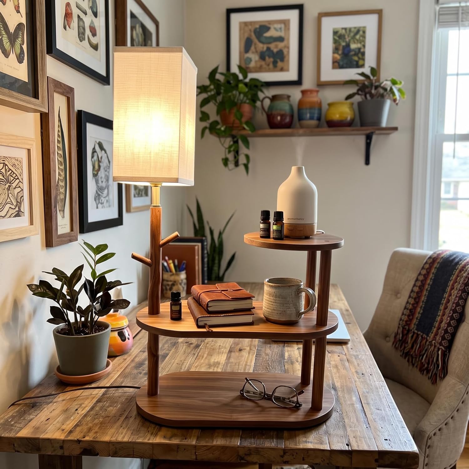22" Desk Table Lamp with LED Bulb for Bedroom, Unique Wooden Tree Trunk