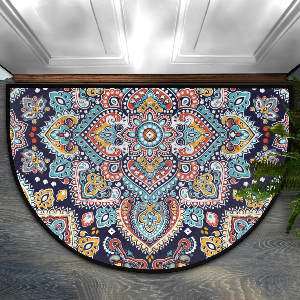 OHIKUETY Boho Mandala Half Round Door Mat - Non-Slip TPR rubber Half Circle Area Rug, Durable & Absorbent Half Moon Rugs for Outdoor and Indoor Home