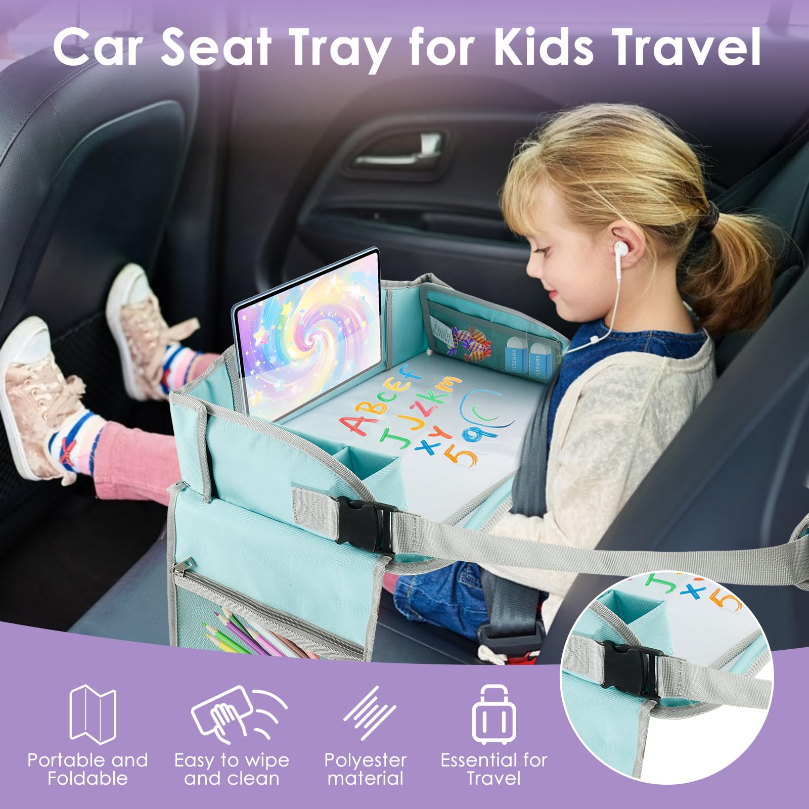 Tavolino da viaggio per bambini, seggiolino per auto, multifunzionale, regolabile, tavolino da gioco, tavolino da pranzo, tavolino per auto, aereo, parco (verde)