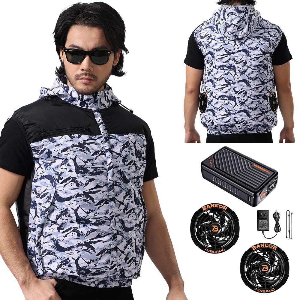 [mobason] 2026革新的な作品 53Vファン付きベスト 46500mAhバッテリー付き 空調付き作業服 UPF 50+紫外線防止 最大14時間連続稼働 7段階風量調節 2種類モード搭載 帽子取り外し可能 PSE認証済 日本語説明書付き