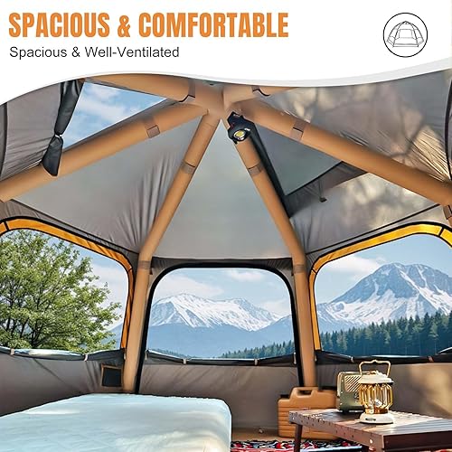 Miniatura 3 de Tienda de campaña inflable hexagonal, para 1 a 4 personas, 2 puertas y 4 ventanas de malla, configuración rápida, tienda de campaña de aire