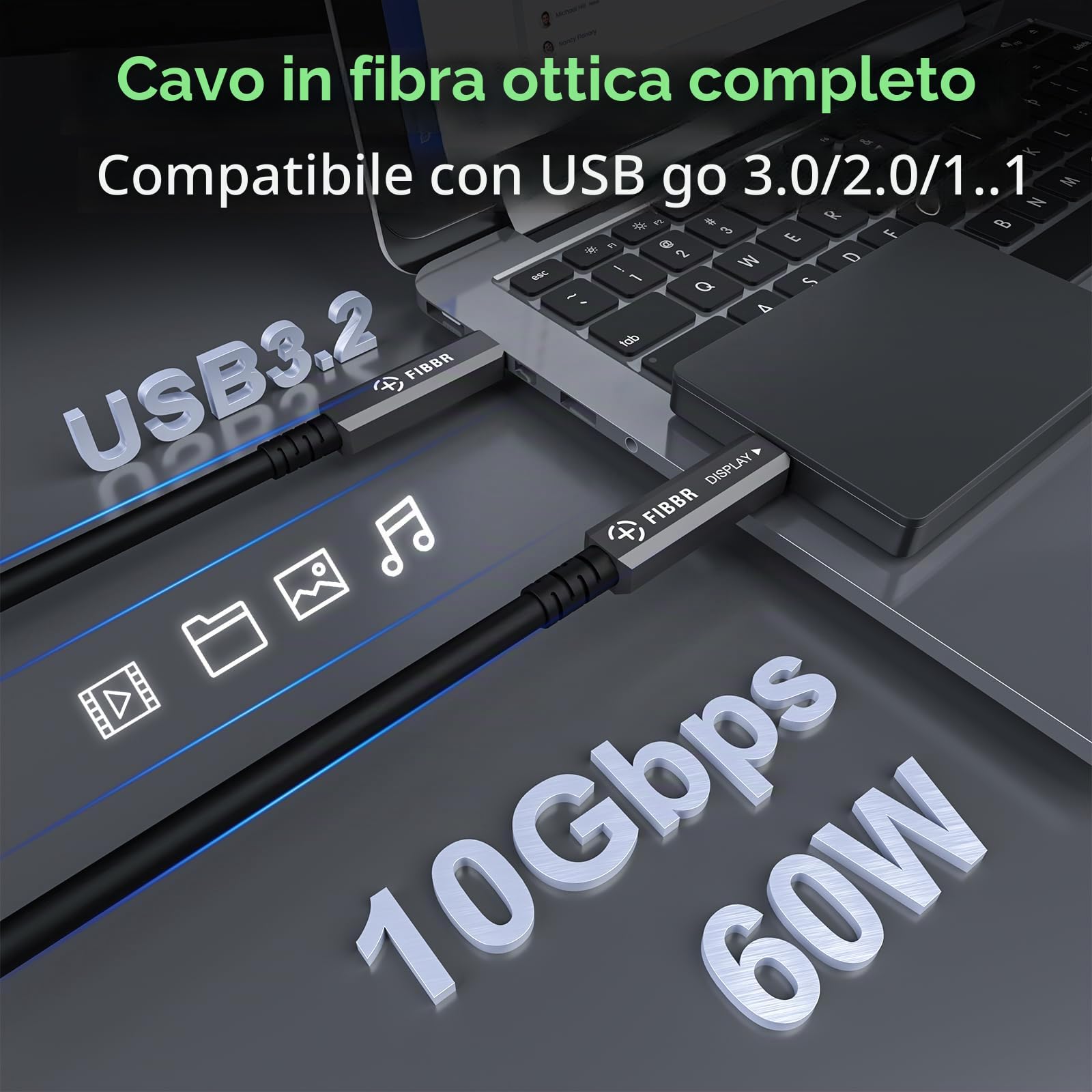 FIBBR 3 in 1 Funzione USB Cavo 10M, 10Gbps Fibra USB C a Cavo USB C, 8K USB 3.2 Gen2 Cavi, 60W PD per Home Video, Cablaggio di Sorveglianza, Sistema di Visione Automatica, Videoconferenza HD