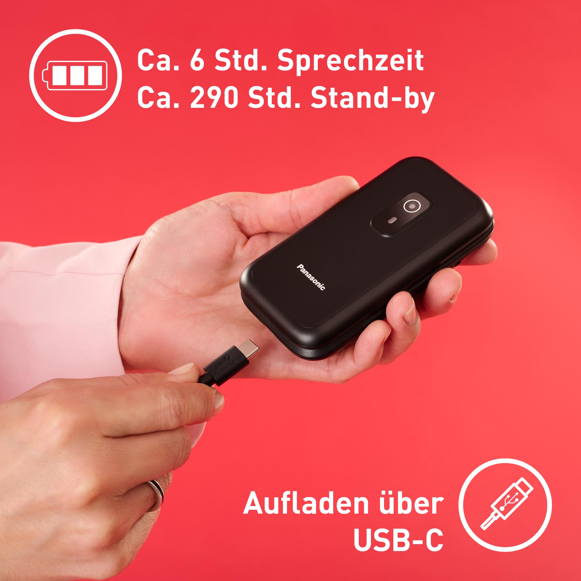 Panasonic KX-TF600 4G Easy Phone, Volte Klare Anrufe, 290 Stunden Standby, USB-C Schnellladung, 2,8" Display, Bluetooth, LED Taschenlampe, IP44 Wasserdicht, Beleuchtete Tasten, Schwarz