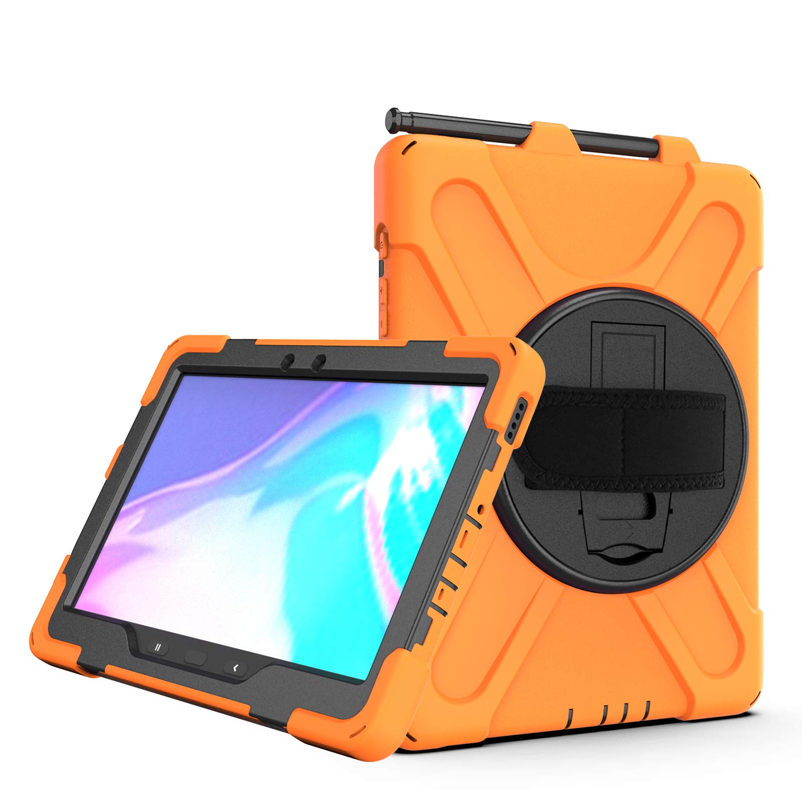 JCTekShockproof Case for Galaxy Tab Active Pro 10.1 2019, Heavy Duty Hybrid Rugged Protective with 360 Rotating Stand and Handle & Shoulder Strap for Samsung SM-T540/SM-T545/SM-T547 (orange)