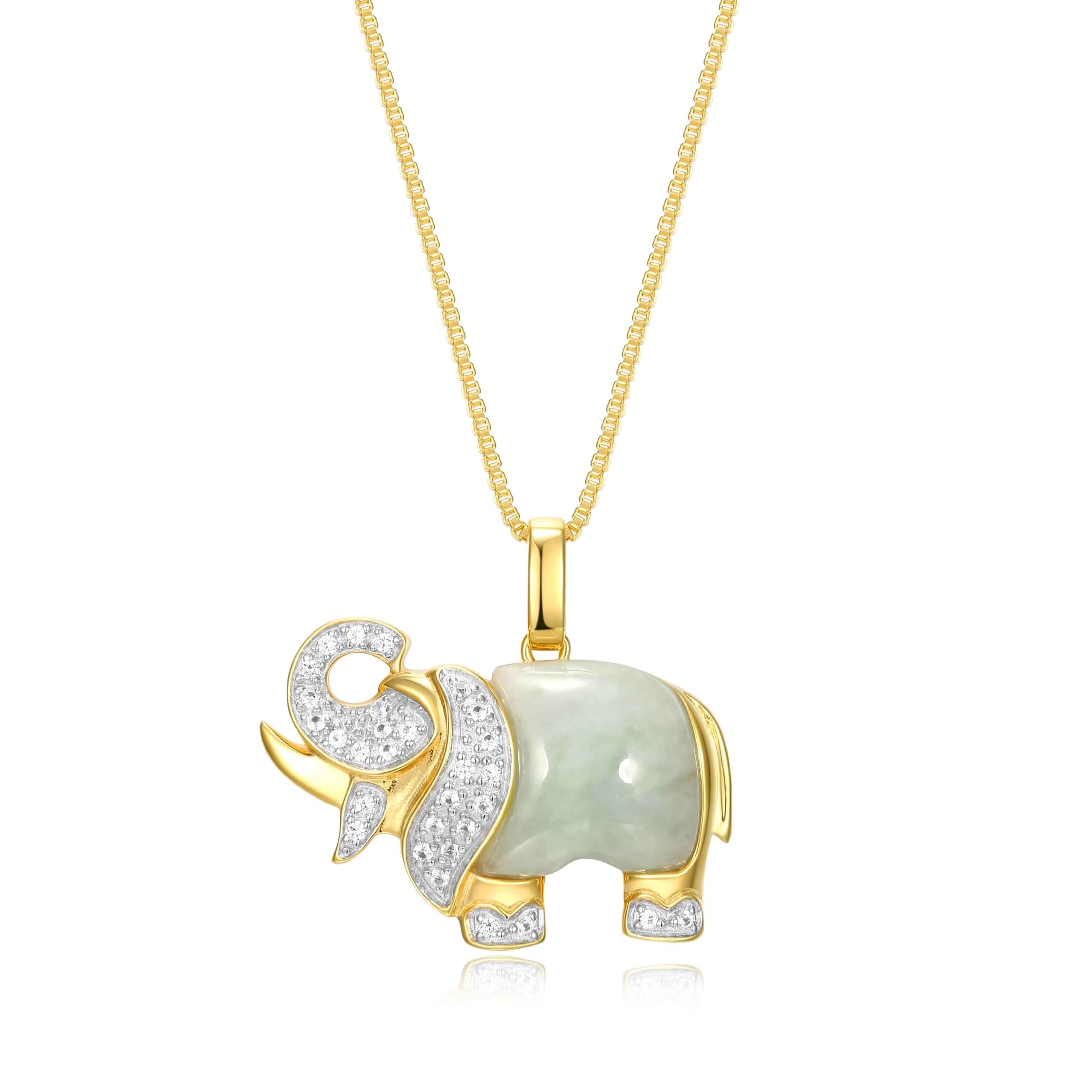 MORGAN & PAIGE Silver 18K Gold Plated Genuine Jade Necklaces 18in Elephant and White Sapphire or Turtle with 1/10 cttw Diamond Pendant, Gold Necklace for Women Jewelry