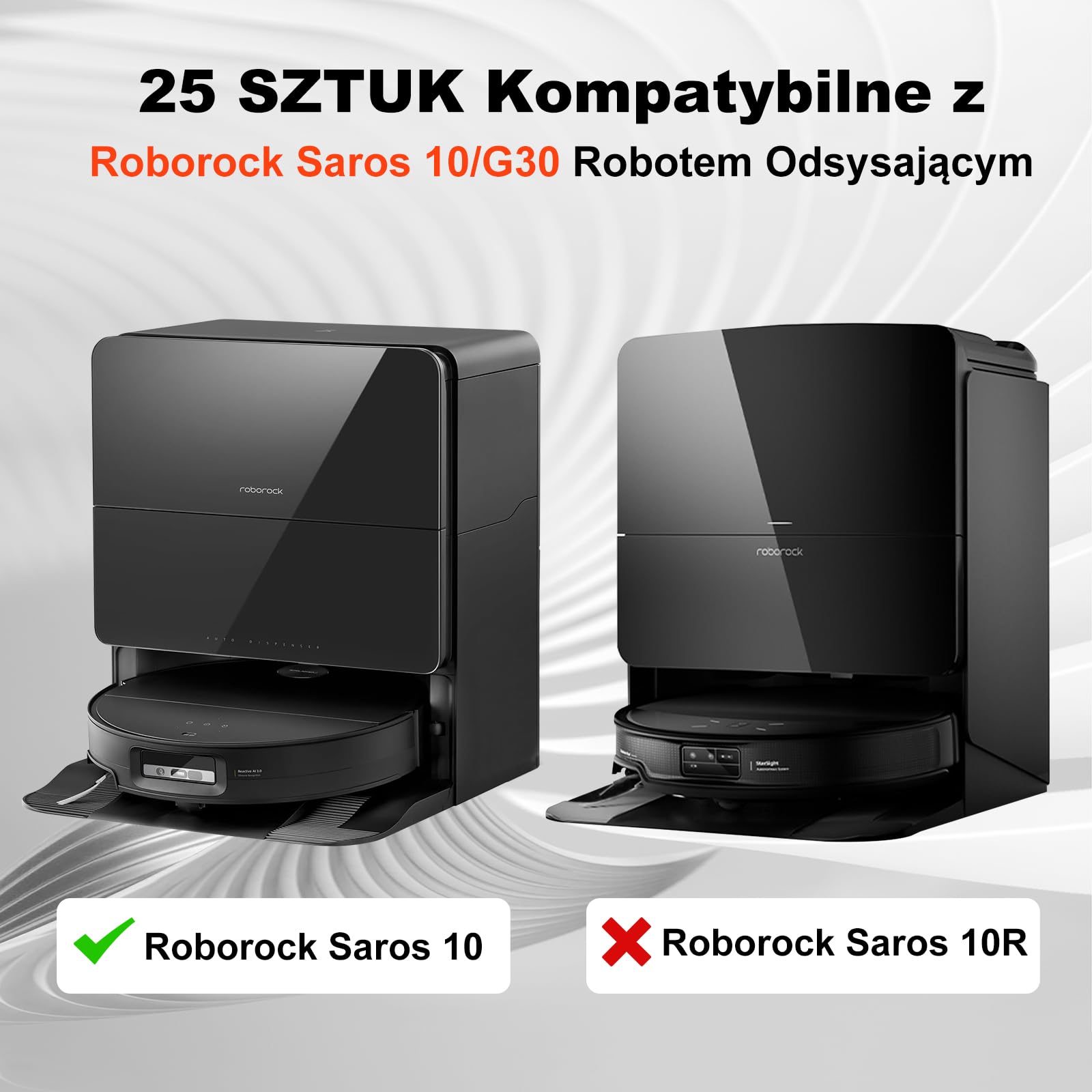 25 sztuk akcesoriów do robota odkurzającego Roborock Saros 10/G30, 2 główne szczotki, 4 szczotki boczne, 4 worki do kurzu, 4 filtry HEPA, 4 + 4 podkładki do wycierania z podwójną wibracją, 1
