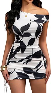 Women's Sexy Off Shoulder Bodycon Mini Dress 2025 Summer Printed Ruched Dresses Party Club Outfits