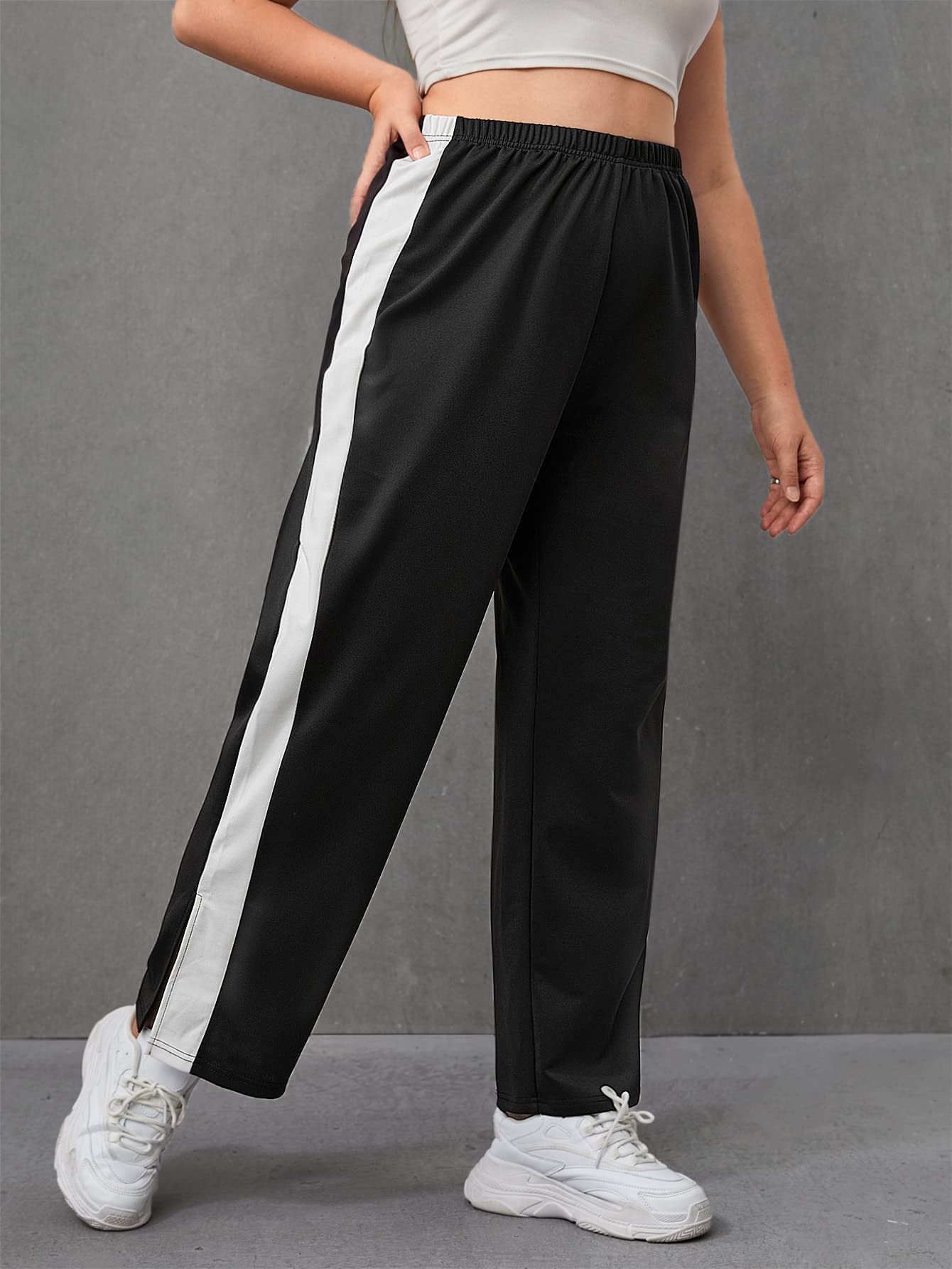 Plus Size Pants Women Plus Contrast Side Seam Elastic Waist Pants Plus Size Pants Women Color Black Size