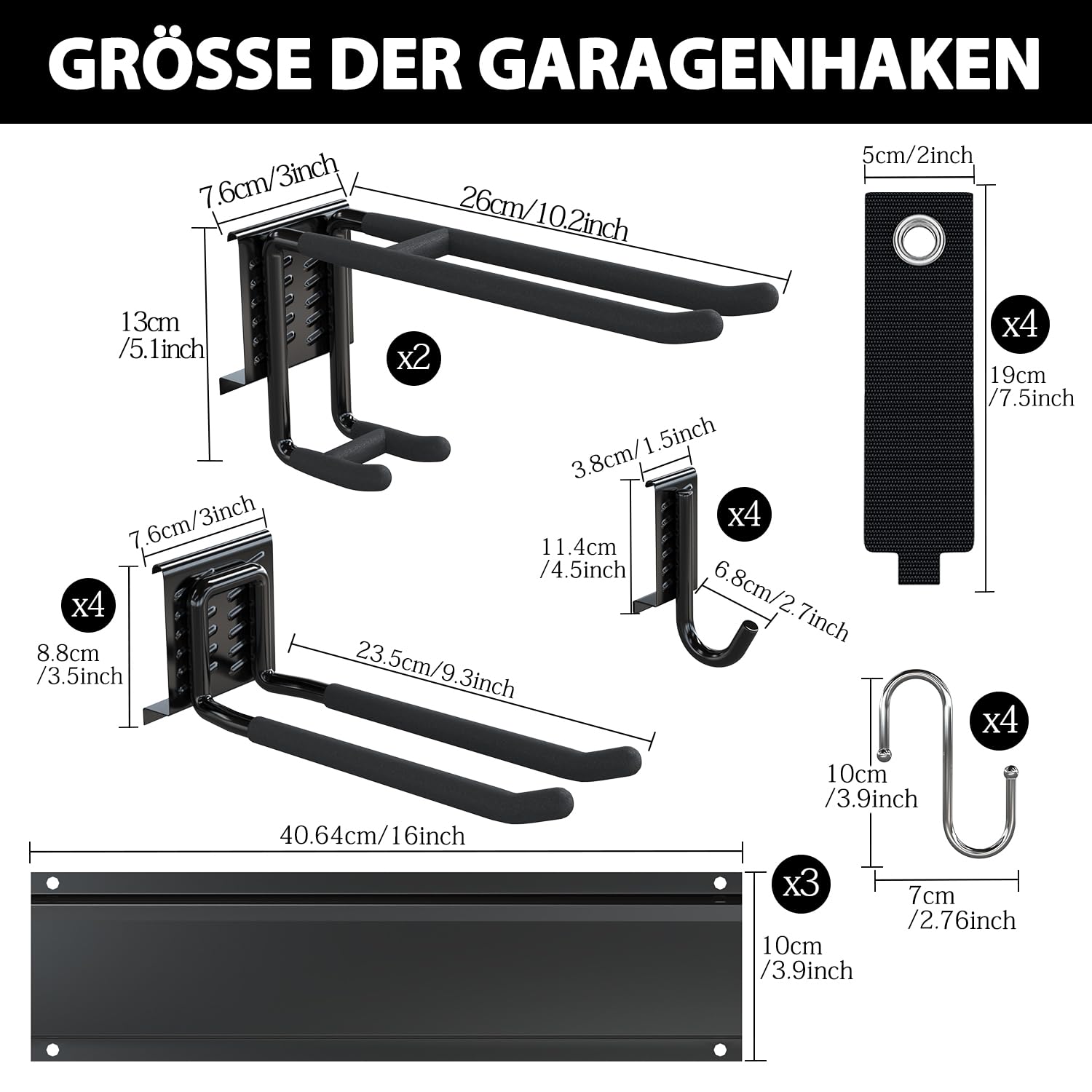 3-H Garage Aufbewahrung,120cm Einstellbar 10 Wandhaken Garagen und 4 S Haken für Gartengeräte,Werkzeughalter Wand Gartengerätehalter für Garage Keller Skiausrüstung Besen Stühl Rechen Schaufel Schwarz