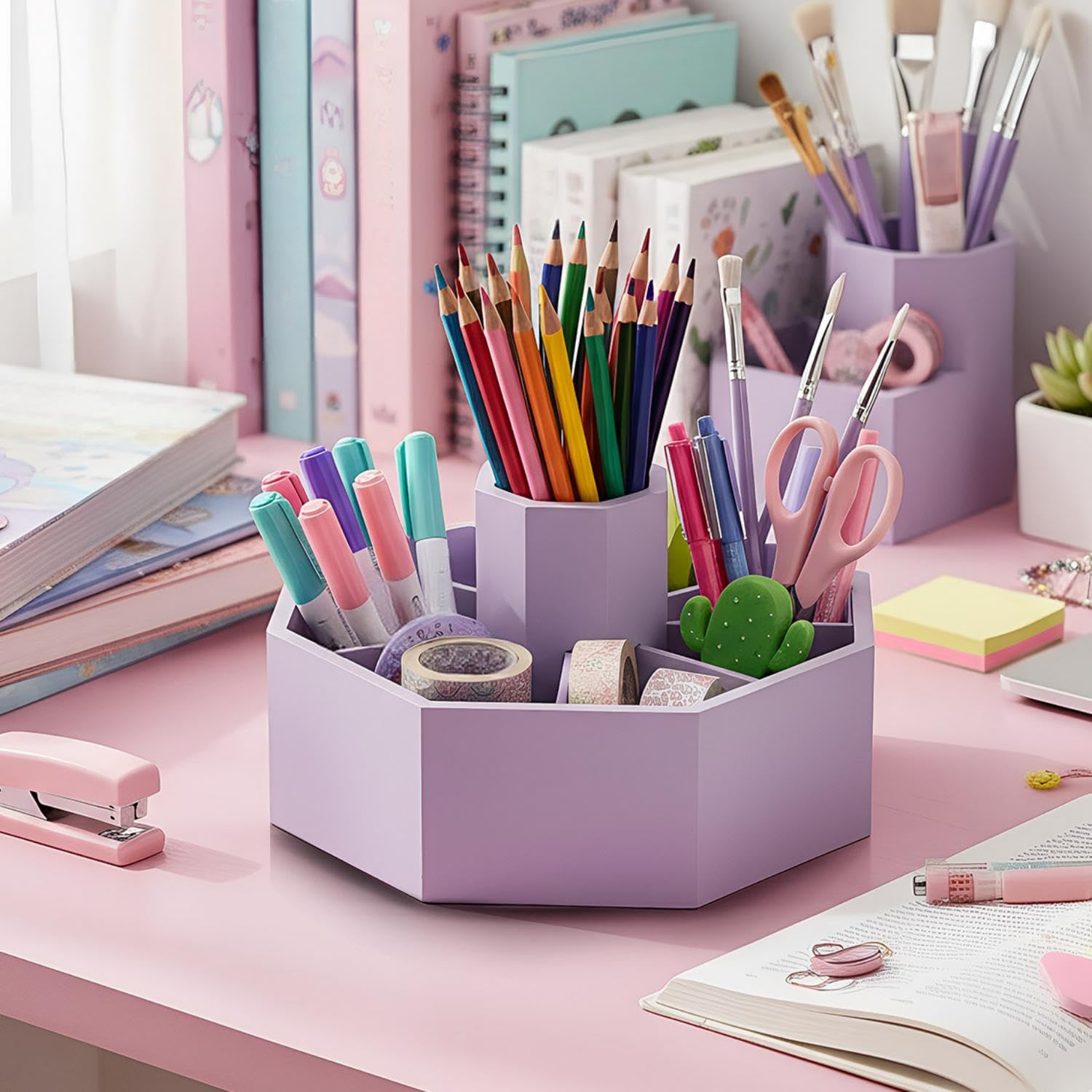 Soporte giratorio de bambú para lápices, organizador de suministros de arte, escritorio giratorio de 360°, organizador de bolígrafos pastel, regalos para Navidad, organizador de escritorio