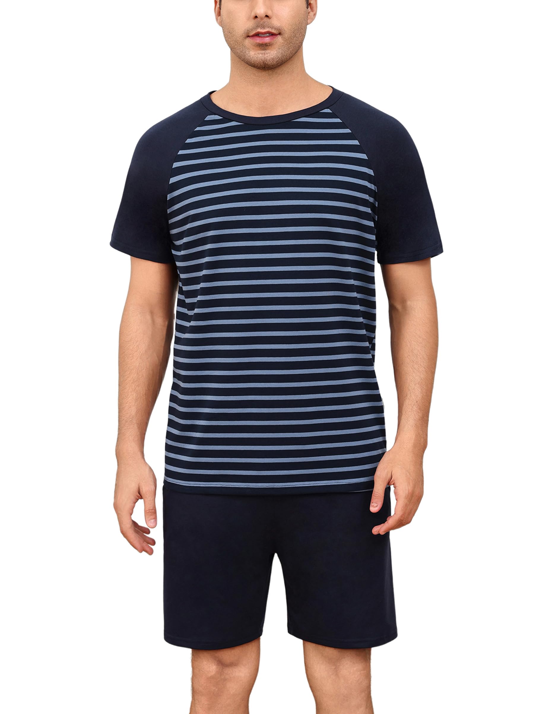 Bresdk Schlafanzug Herren Kurz Pyjama Set Baumwolle für Männer Sommer Nachtwäsche Gestreift