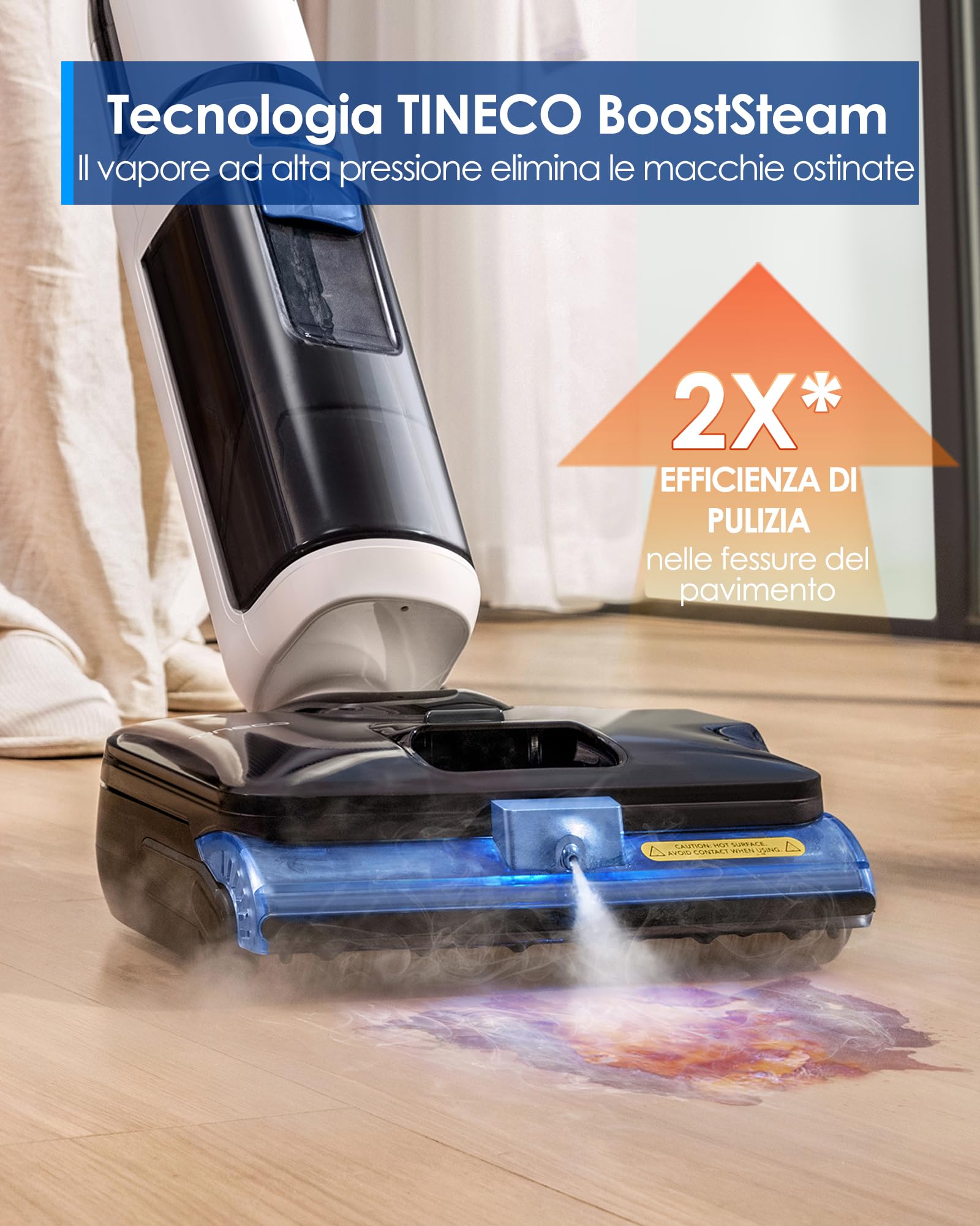 Tineco FLOOR ONE S6 Stretch Steam Aspirapolvere e lavapavimenti a vapore, Pulizia a vapore ad alta temperatura 160℃, Posizione piatta a 180°, Auto-pulizia FlashDry, Cavo lungo 8,3 m