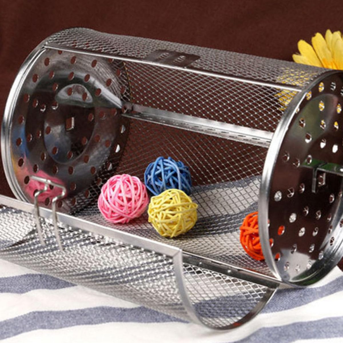 Cestello Rotante per Barbecue in Acciaio Inox, per Frutta Secca | Cottura Uniforme e Rotazione Continua, Uso in Ristorante, Finitura Argento, Accessorio Singolo da 14x23 Cm