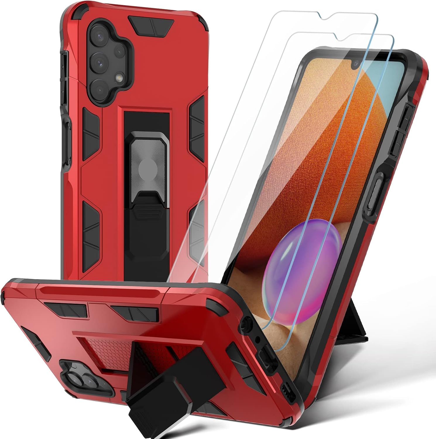 HATOSHI Samsung Galaxy A32 5G Case with 2 Pack Tempered Glass Screen Protector, [Military-Grade Shockproof] Full-Body Protective Slim Hard Phone Cover with Kickstand [2 Stand Ways Kickstand], Red