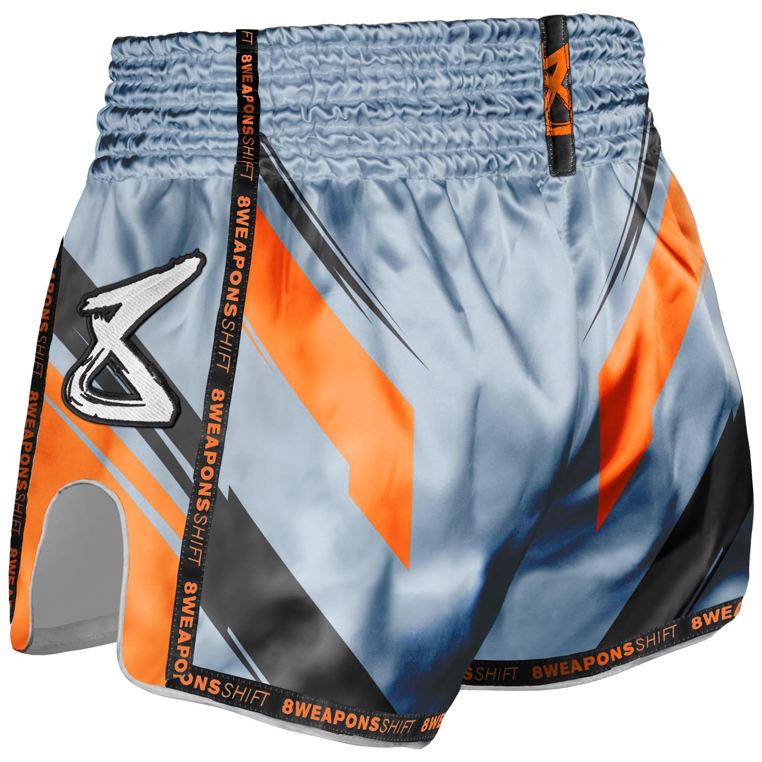 8 WEAPONS Muay Thai Shorts Shift, Eisgrau-Orange, Kickboxhose für Training & Wettkampf, Thaibox Shorts Satin, Atmungsaktiv, Langlebig, Kampfsporthose für MMA, K1, Boxen, Thai Boxen