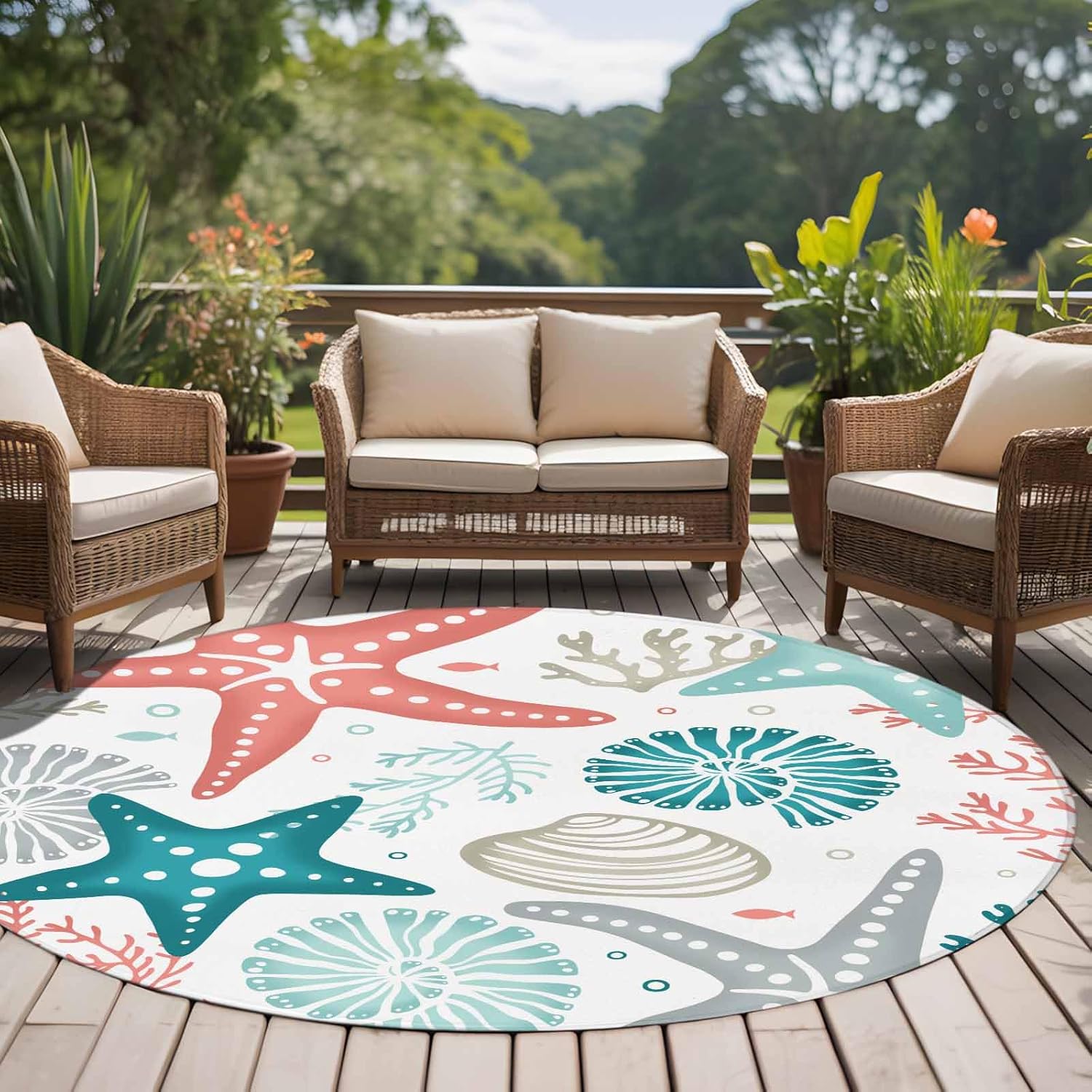 Large Area Rugs for Bedroom Living Room, Teal Green Coral Non Slip Carpet Bedside Rug, Spring Summer Coastal Starfish Beach Nautical Conch Round Floor Cover Kitchen Accent Rug 6' for Dining Room
