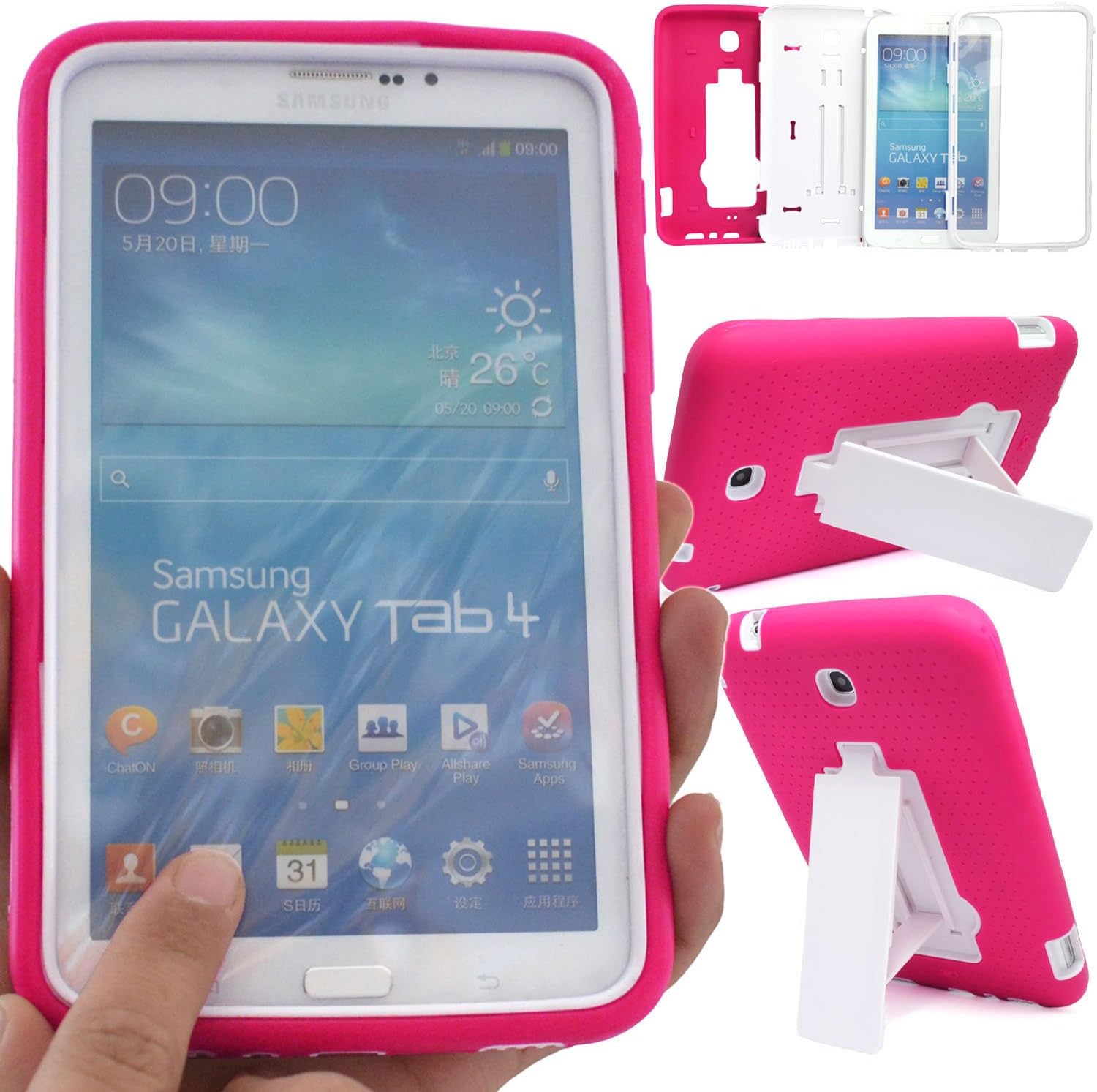 GLITZY GIZMOS® SAMSUNG GALAXY TAB 4 8" SM-T330 / T331 / T335 8.0 INCH HOT PINK SHOCK PROOF BUILDERS HEAVY DUTY TOUGH CASE COVER WITH BUILT IN KICK STAND / KICKSTAND & BUILT IN SCREEN GUARD / PROTECTOR (UNIQUE 3 PIECE HYBRID DESIGN)