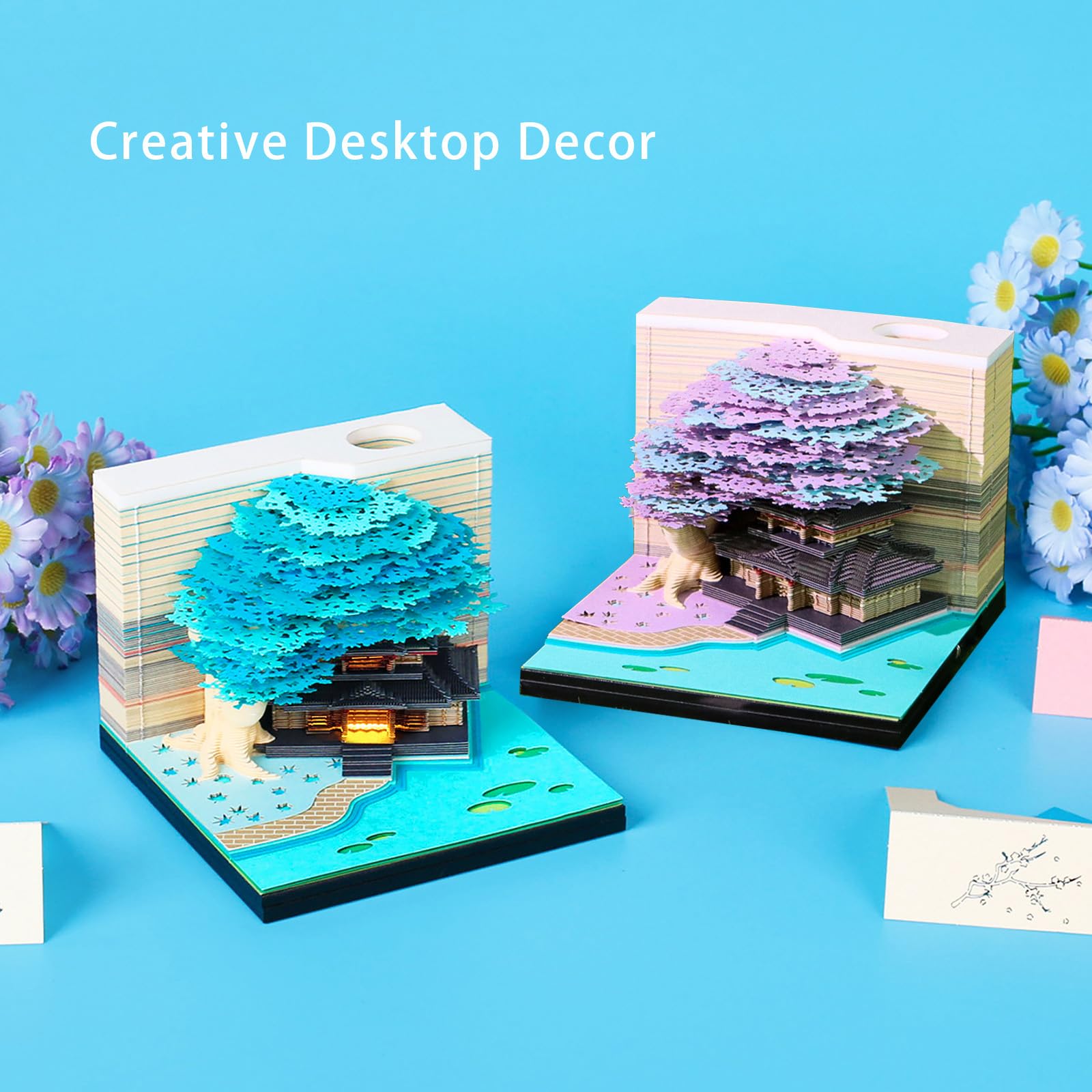 3D Memoblock 260 Blatt Lila Baumhaus Notizblock mit Licht Kawaii Haftnotiz Block 3D Papier Schnitzen Kunst Handwerk Omoshiroi Schreibtisch Dekoration Stifthalter DIY Hochwertiges kreatives