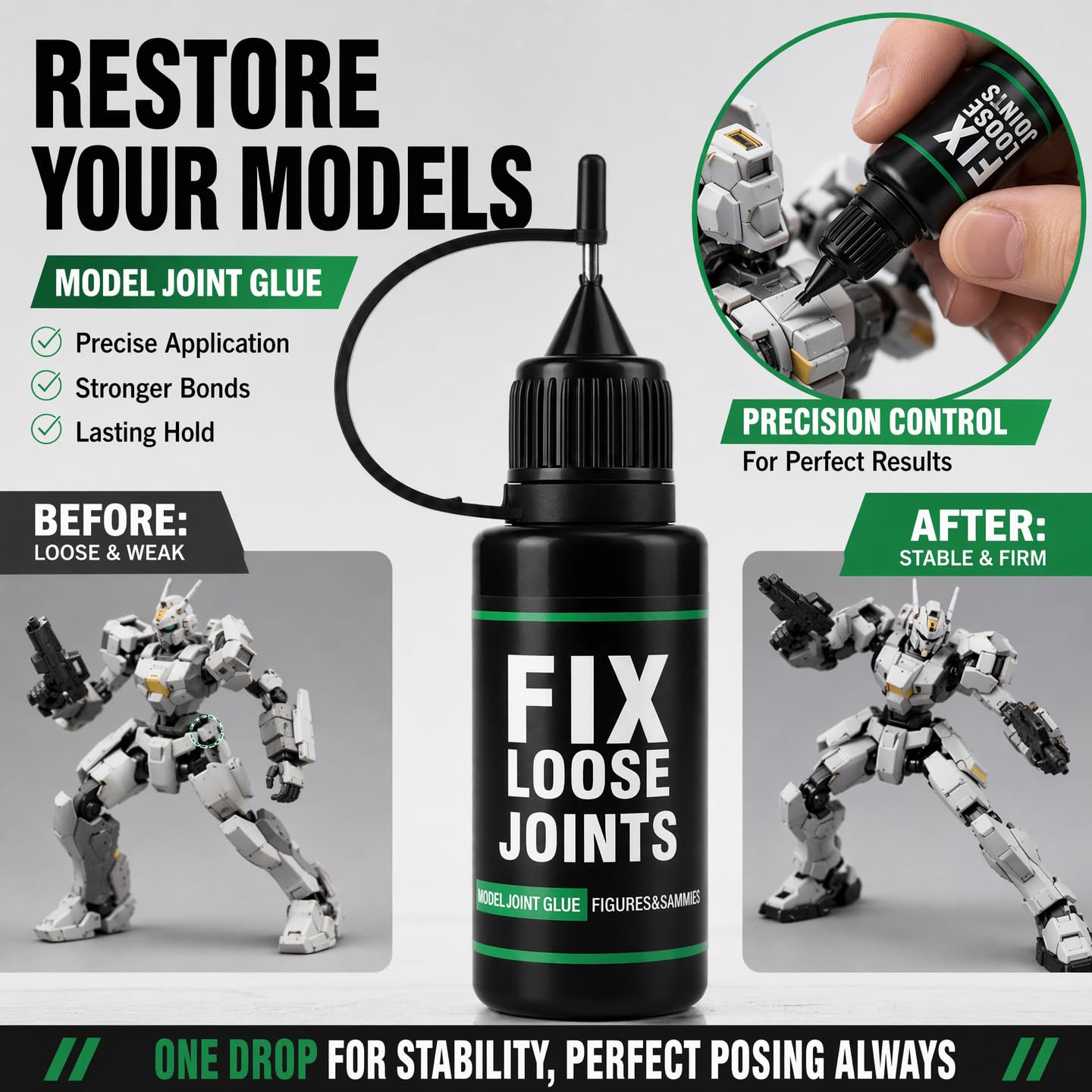 25ml Fix Loose Joints Solution for Action Figures & Models, Precision Needle Head for Easy Application, Fast-Acting Long-Lasting Hold, Safe for Plastic Resin Vinyl Materials