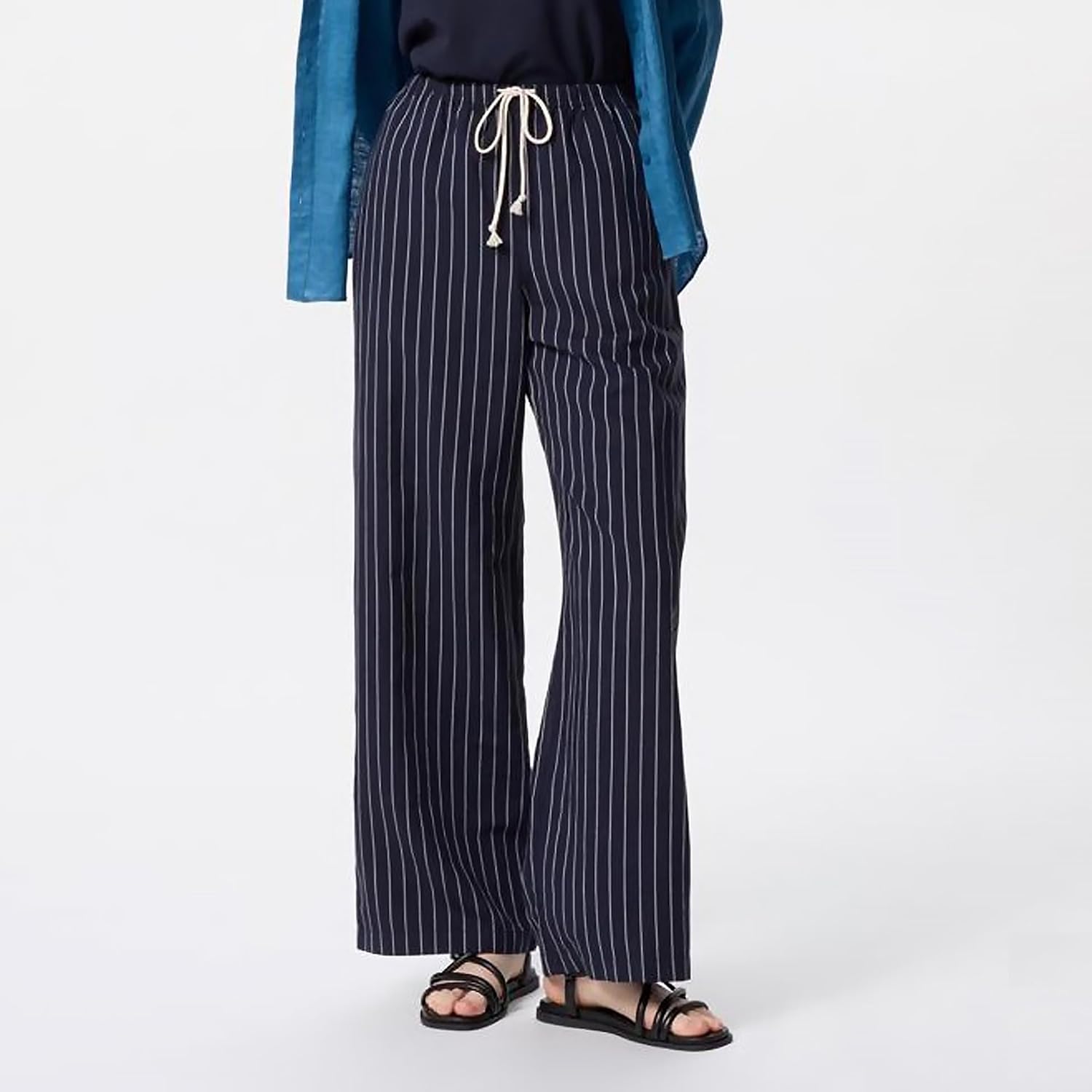 Women Striped Pants High Waisted Wide Leg Cotton Linen Drawstring Elastic Waist Lounge Casual Loose Straight Trousers