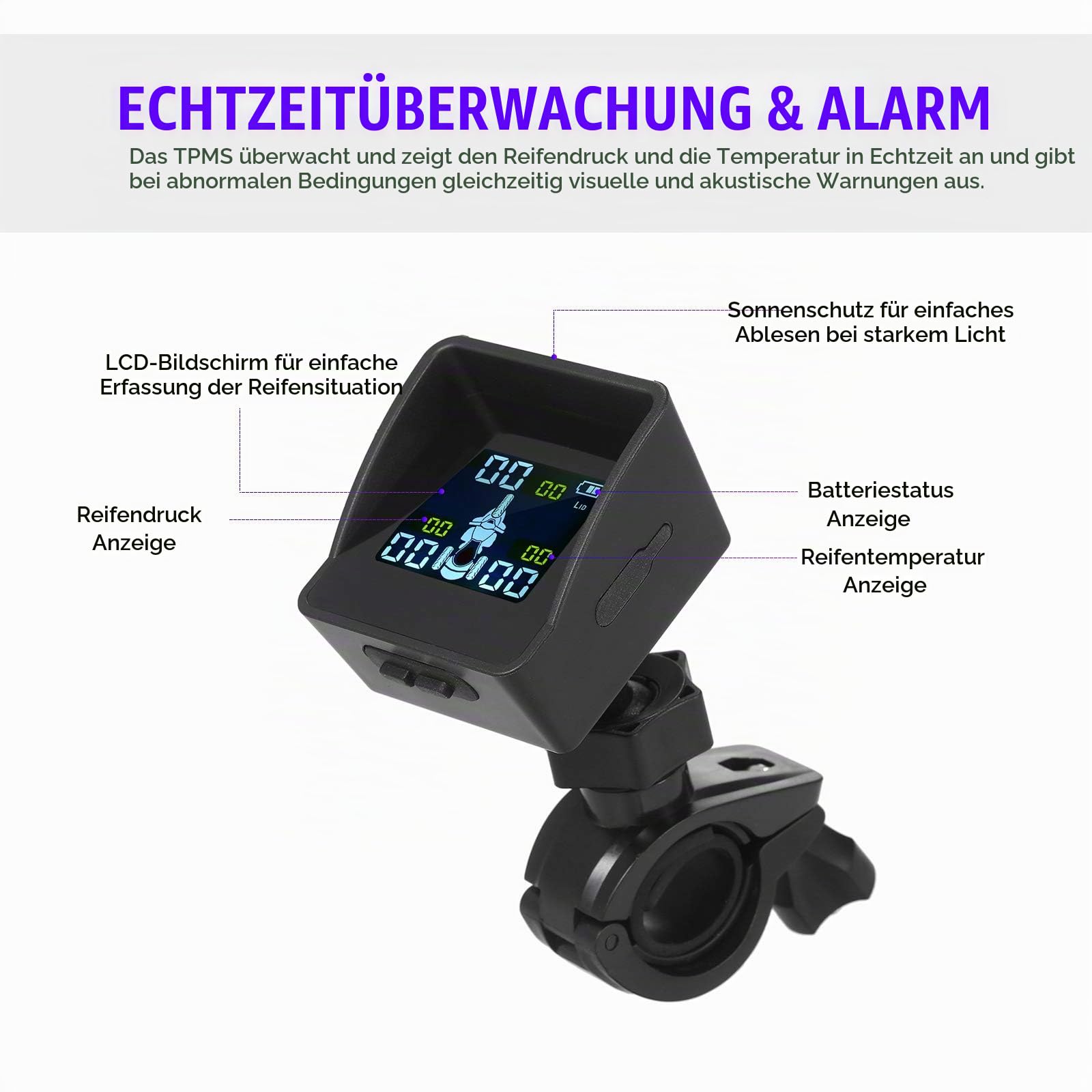 Reifendrucküberwachungssystem TPMS Wireless Smart Tire Monitor mit 3 externen Sensoren Sunshade Auto Tire Alarm für Dreirad-Dreirad