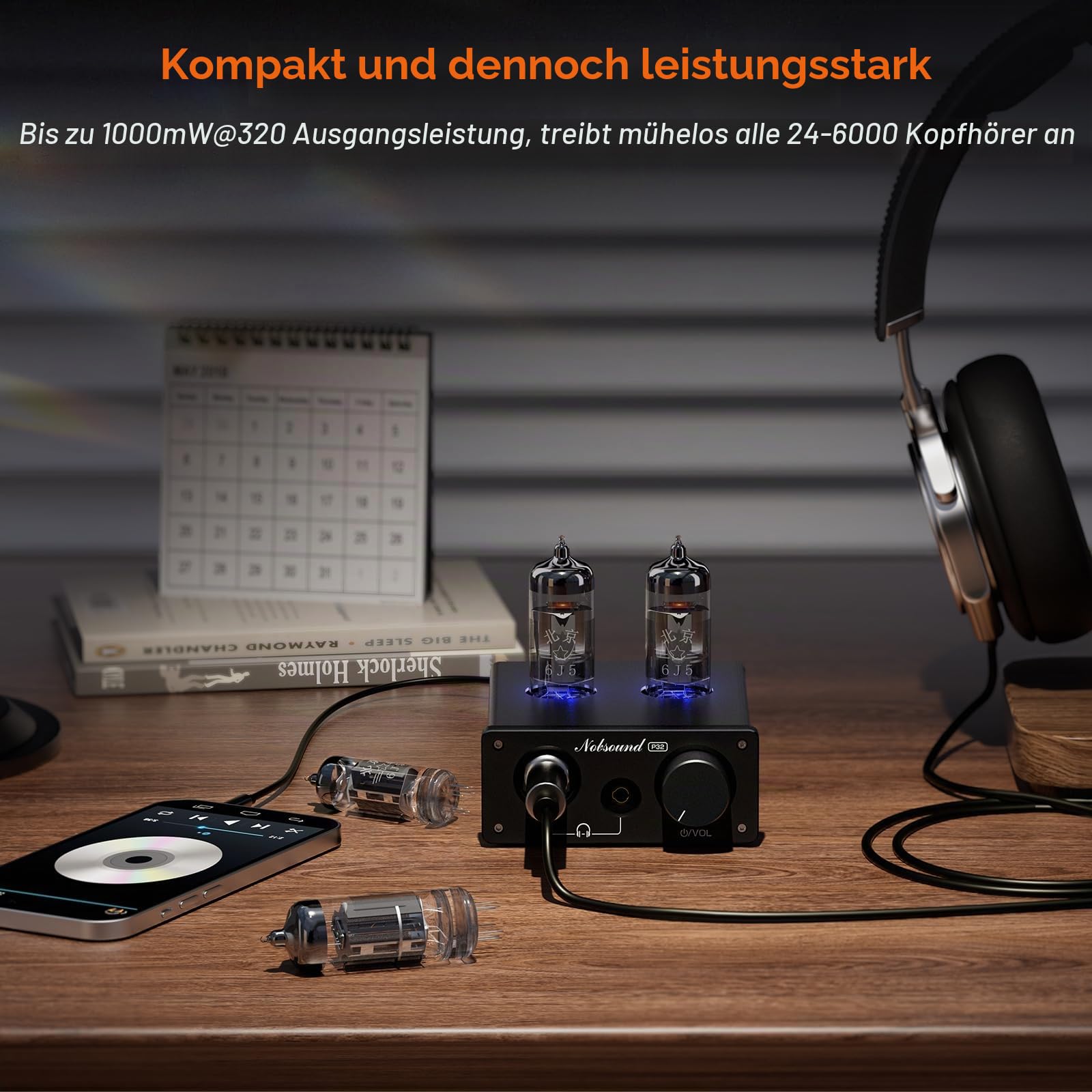 Nobsound P32 Röhren Kopfhörerverstärker: 1000mW HiFi Desktop Vorverstärker für 24–600Ω Kopfhörer und Heimverstärker Lautsprecher, 3,5mm/6,35mm Buchsen, Austauschbare Röhre und Operationsverstärker