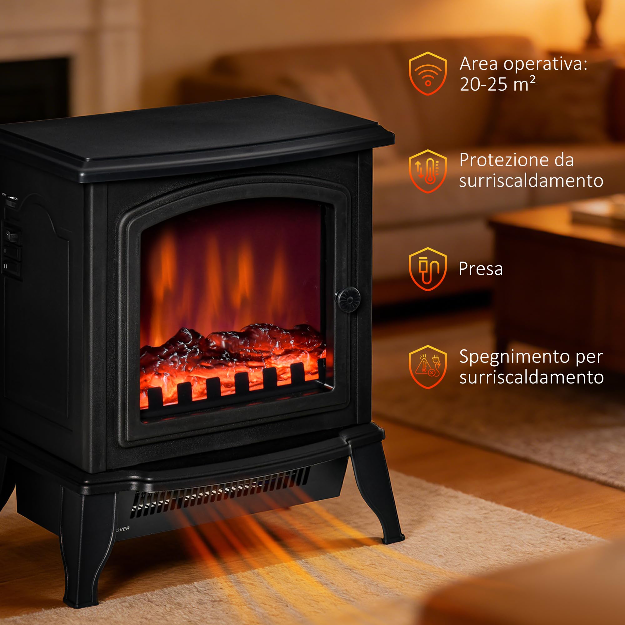 HOMCOM Camino Elettrico da Terra con Potenza Regolabile 1000W/2000W ed Effetto Fiamma Realistico, Caminetto Portatile in ABS e Vetro Temperato, 36.5x24x45.5 cm, Nero