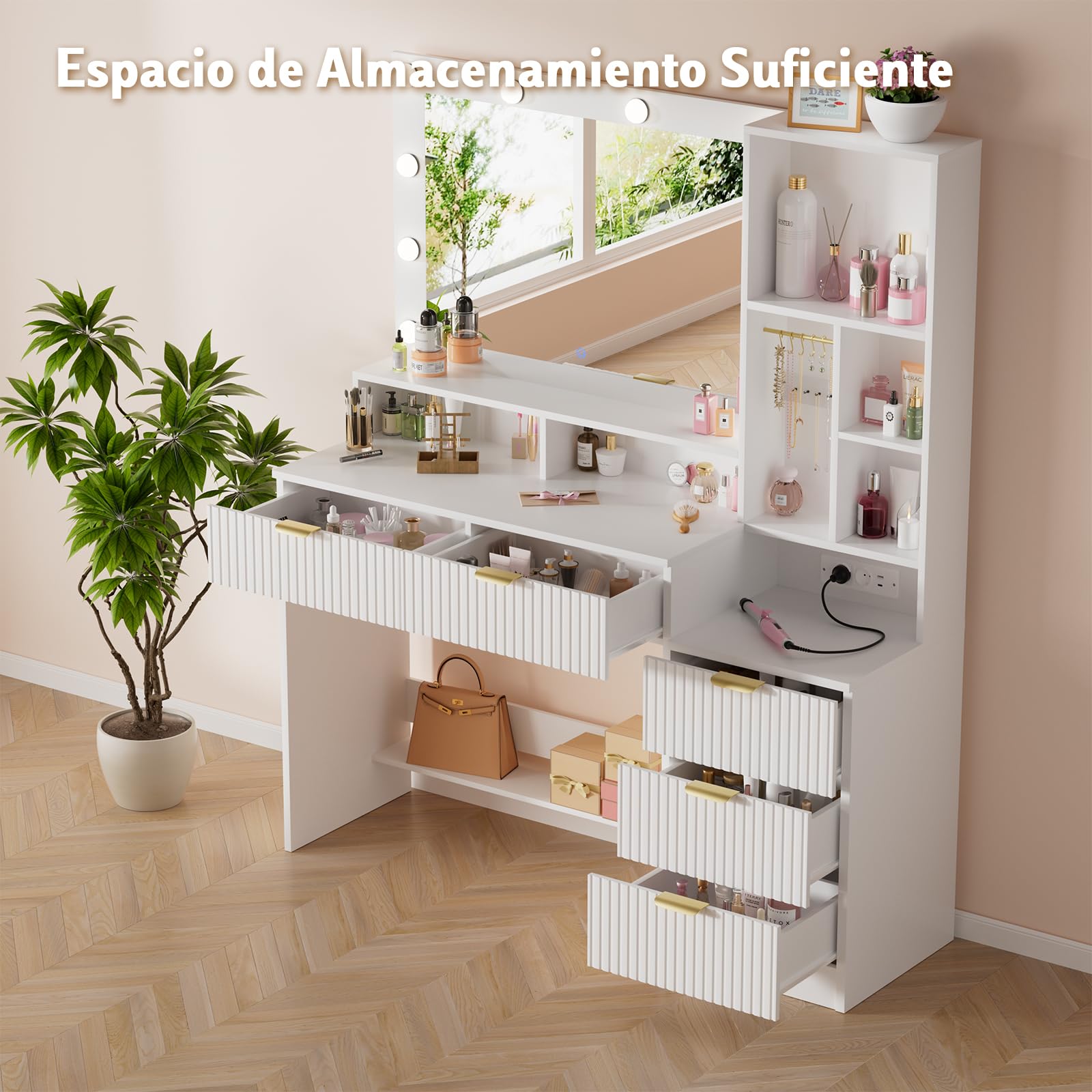 Airfish Tocador de Maquillaje con Espejo y Luz LED, Mesa de Maquillaje Grande con Enchufes, 12 Ganchos para Joyas y 5 Cajones, Tocador con Estantes Abiertos para Dormitorio, Moderno (Blanco)
