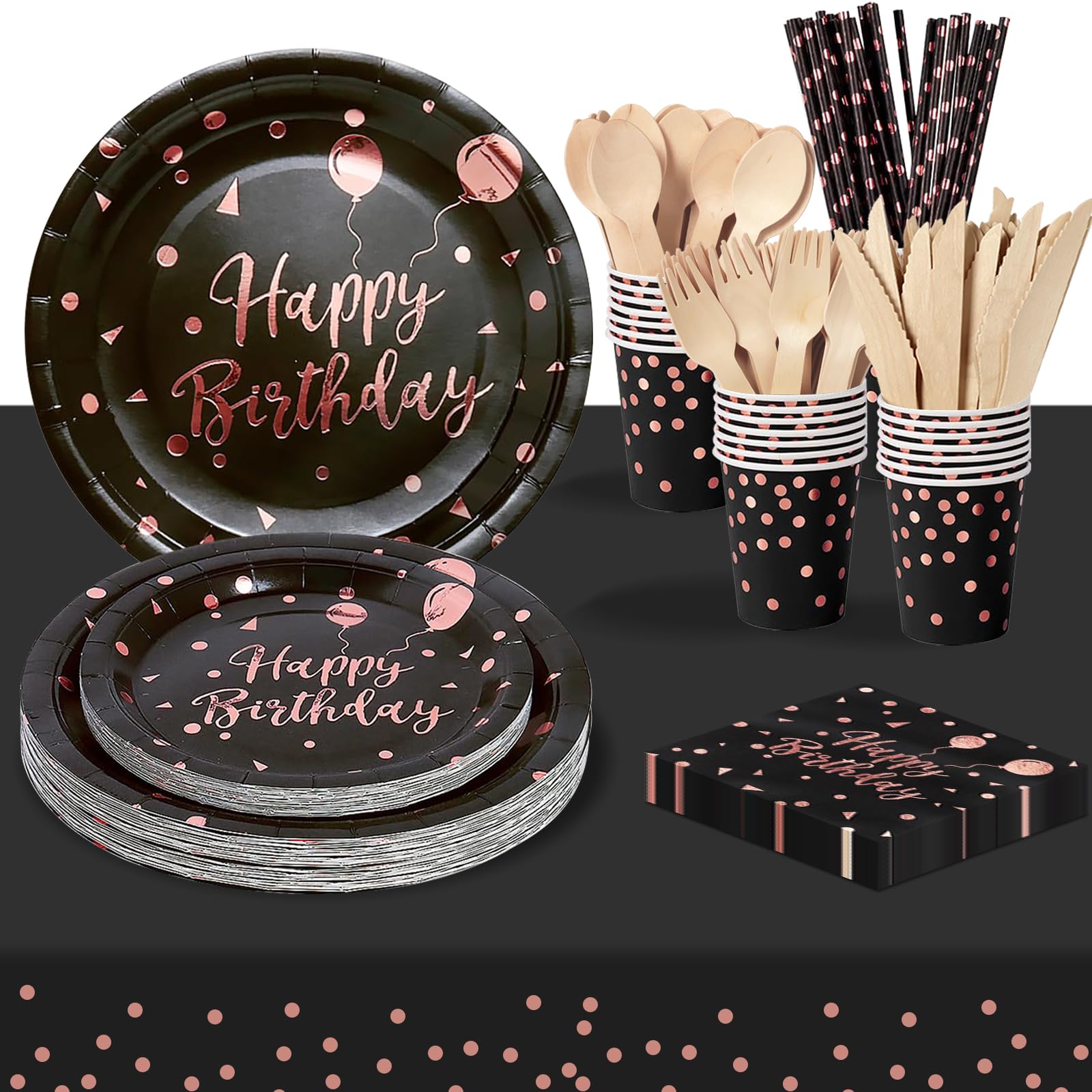 PYAILI Party Paper Plates 193Pcs Black Rose Gold Happy Birthday Theme Kids Birthday Decoration Party Accessories Set Includes Paper Plates Napkins Cups Wooden Knive Fork Spoon-24 Guests
