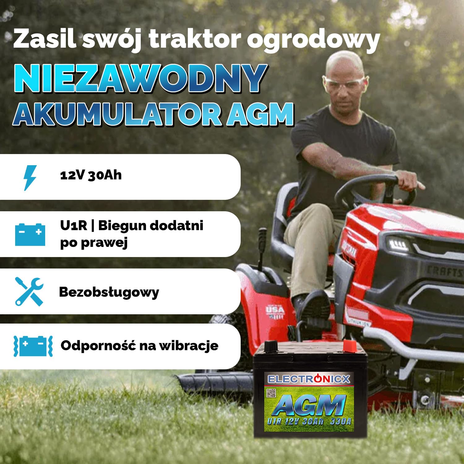Electronicx akumulator do traktorka 12V 30Ah akumulator AGM do kosiarki akumulator 30 Ah kosiarka samojezdna traktorek do trawy plus prawy U1R 330A traktorki do trawy