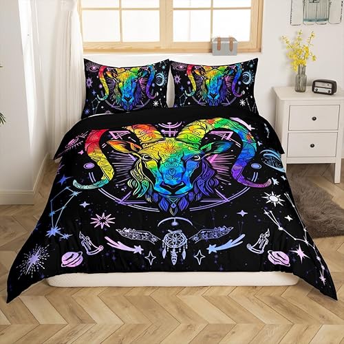 Miniatura 3 de Juego de funda de edredón de Capricornio para niños, tamaño matrimonial, funda de edredón con 2 fundas de almohada, diseño de astrología trippy para