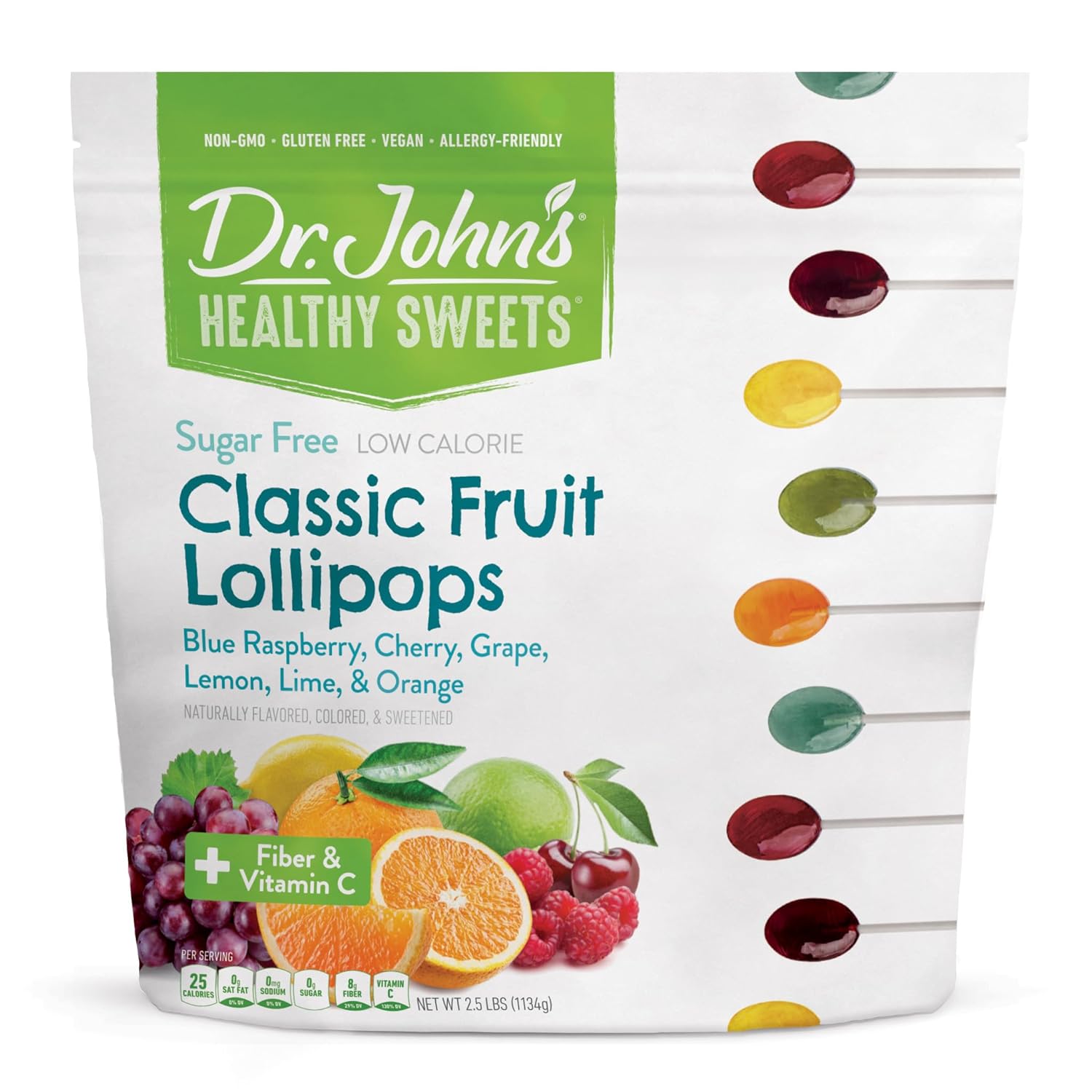 Dr. Johns Sugar Free Candy, Healthy Lollipops with Zero Sugar, Low Calorie Snacks, Keto Friendly Hard Candy Sweets, Classic Fruit Oval, 150 Count, 2.5 LB
