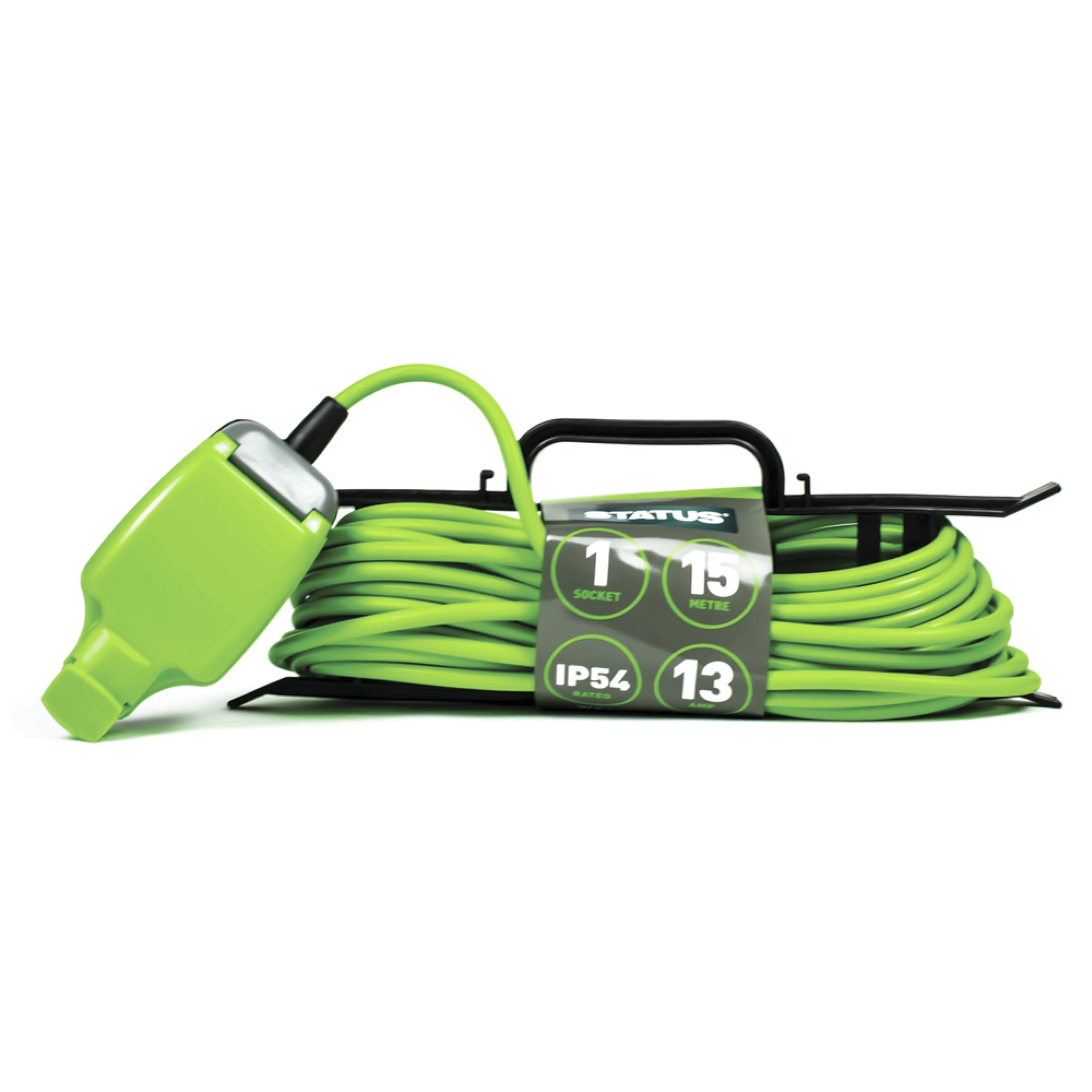 Status 1 Socket  15m  13 amp Extension Lead Green Waterproof Extension Cable