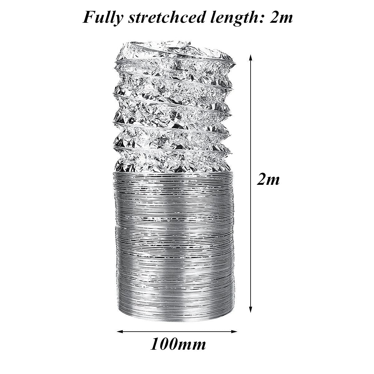 Tubo Flessibile In Alluminio 100 Mm X 2 M Per Ventilazione E Scarico, Resistente Al Calore Fino A 200°C, Con 2 Fascette Serraggio