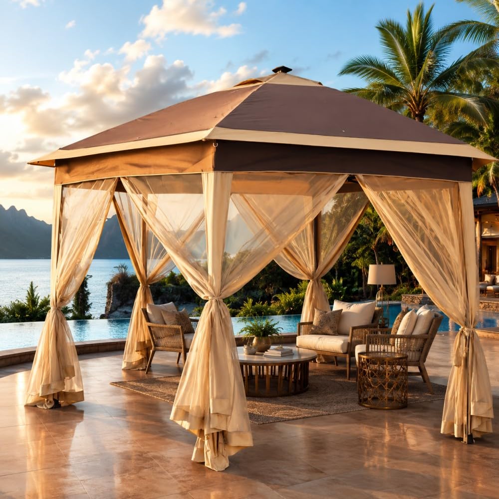 Invezo 13 x 13 feet Hexagonal Pop Up Garden Gazebo with Mosquito Netting Outdoor Canopy Tent Big Size for Garden (Khaki)-image-24