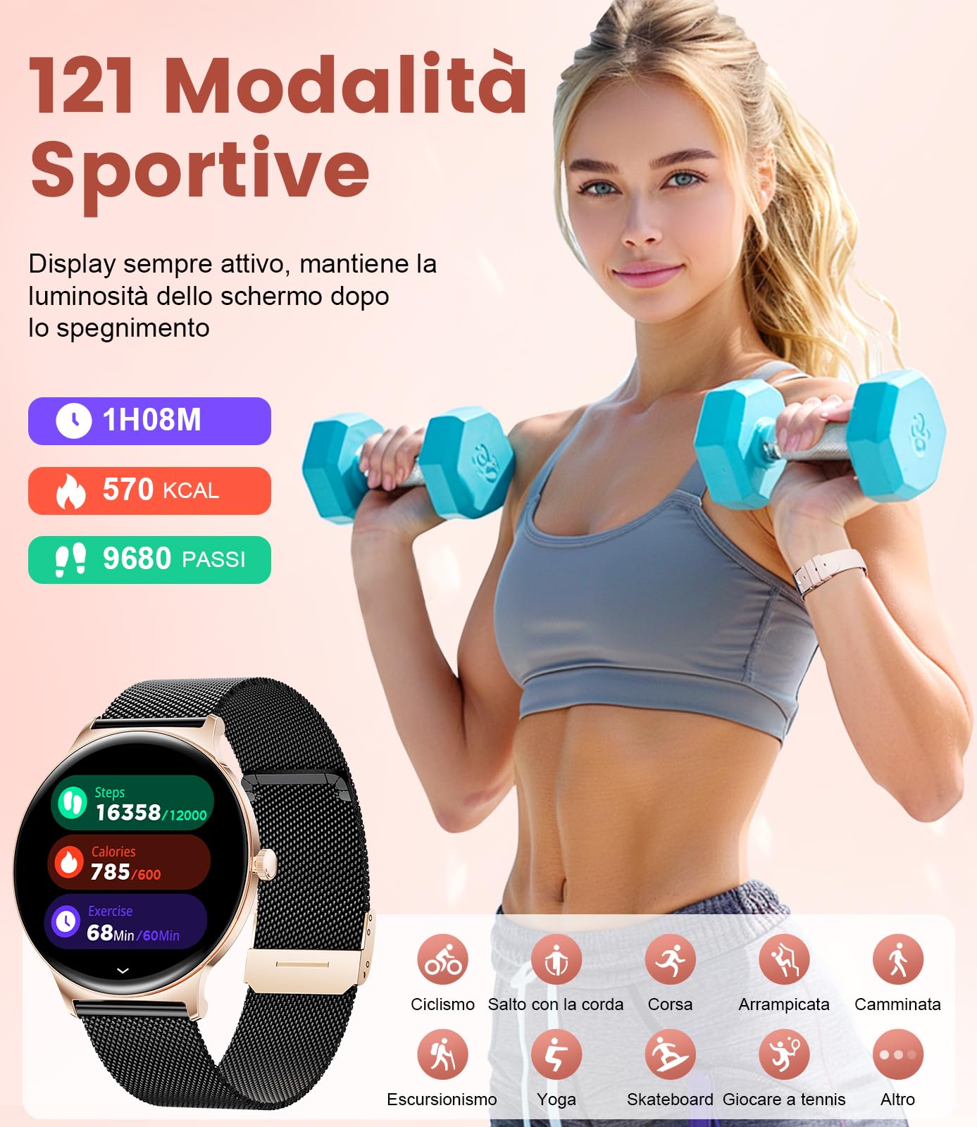 BENYAR SMART 2026 Smartwatch Donna con Chiamate Bluetooth, Schermo AMOLED 1.43 Pollici/120+ Modalità Sport/Monitoraggio SpO2 Frequenza Cardiaca Sonno/Impermeabile IP68 per Android e iOS Nero