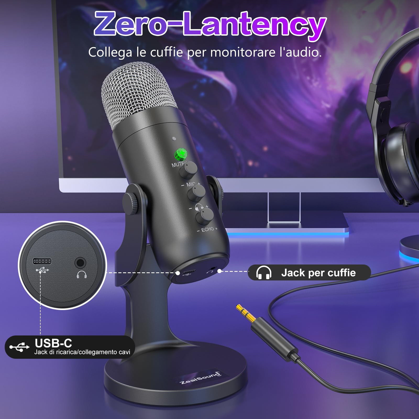 ZealSound Microfono wireless,microfono USB per *Phone/PC/iPad/Android Phone-microfoni da tavolo a condensatore senza fili con monitoraggio dell'eco muto, Bluetooth 2,4 GHz per Podcast/ASMR/Video