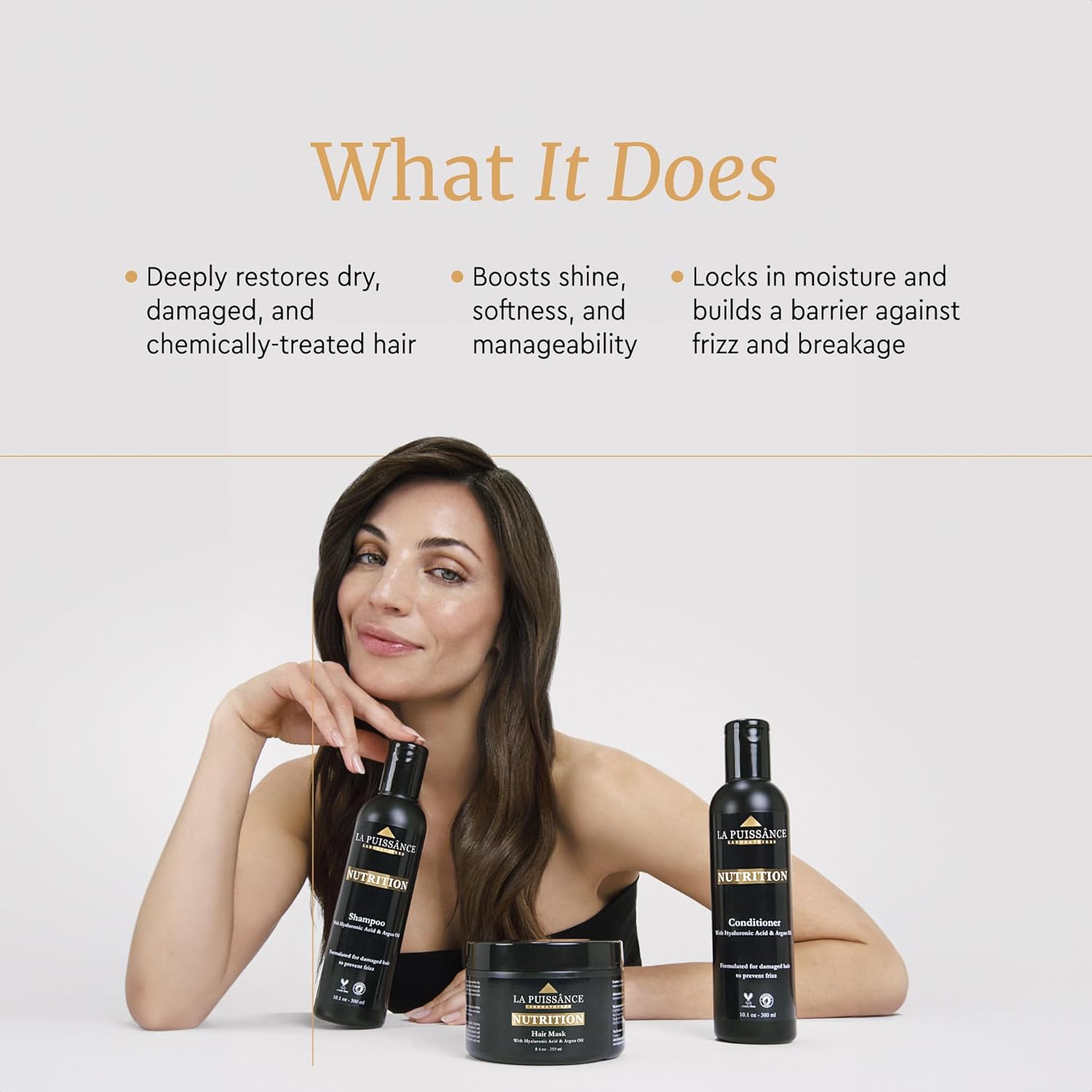 LA PUISSANCE Moroccan Argan Oil Shampoo, Conditioner, and Hair Mask Set with Hyaluronic - Nutrition, Hydrating, Moisturize for Dry Hair - Frizz Control Haircare - for Home and Salon Use