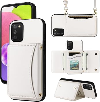 Wallet Case for Samsung Galaxy A02s/A03s US Version 5G 2022 with Crossbody Strap Premium PU Leather Card Holder Shockproof Heavy Duty Phone Cover for A 02s 03s M02s SM-A025V SM-A037U White