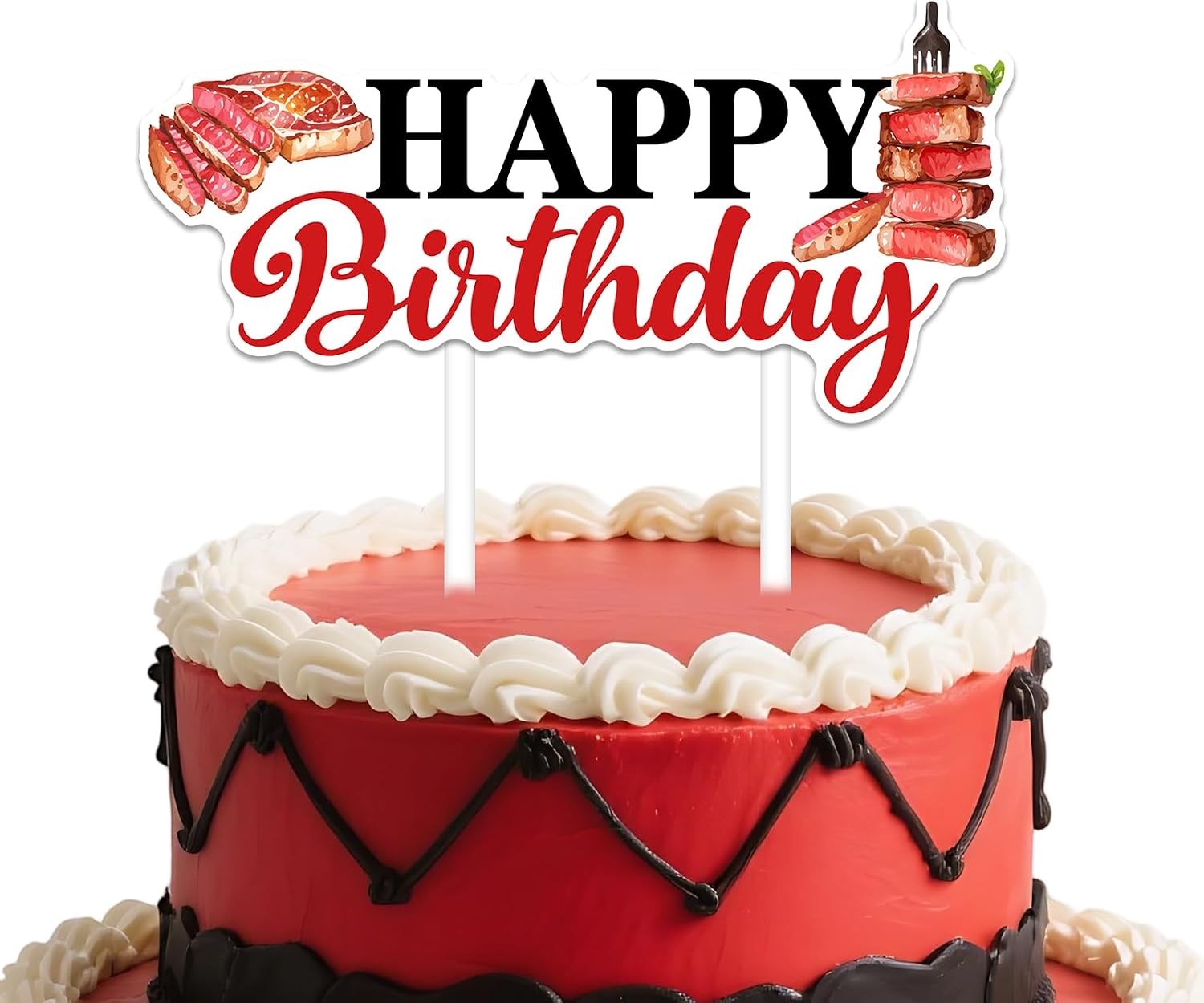 Red Beefsteak Cake Topper Meat BBQ Birthday Party Decorations Beef Steak Barbecue Happy Birthday Cake Topper Double-Sided Printing for Boys Girls BBQ Picnic Camping Theme Birthday Party Supplies