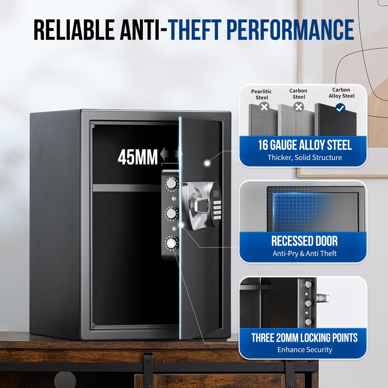 Cassaforte, BlackSmith Safe per la casa grande 35x31x50 cm, cassaforte di sicurezza digitale con impronta digitale biometrica e doppio avviso, borsa ignifuga, cassaforte da parete per ufficio hotel