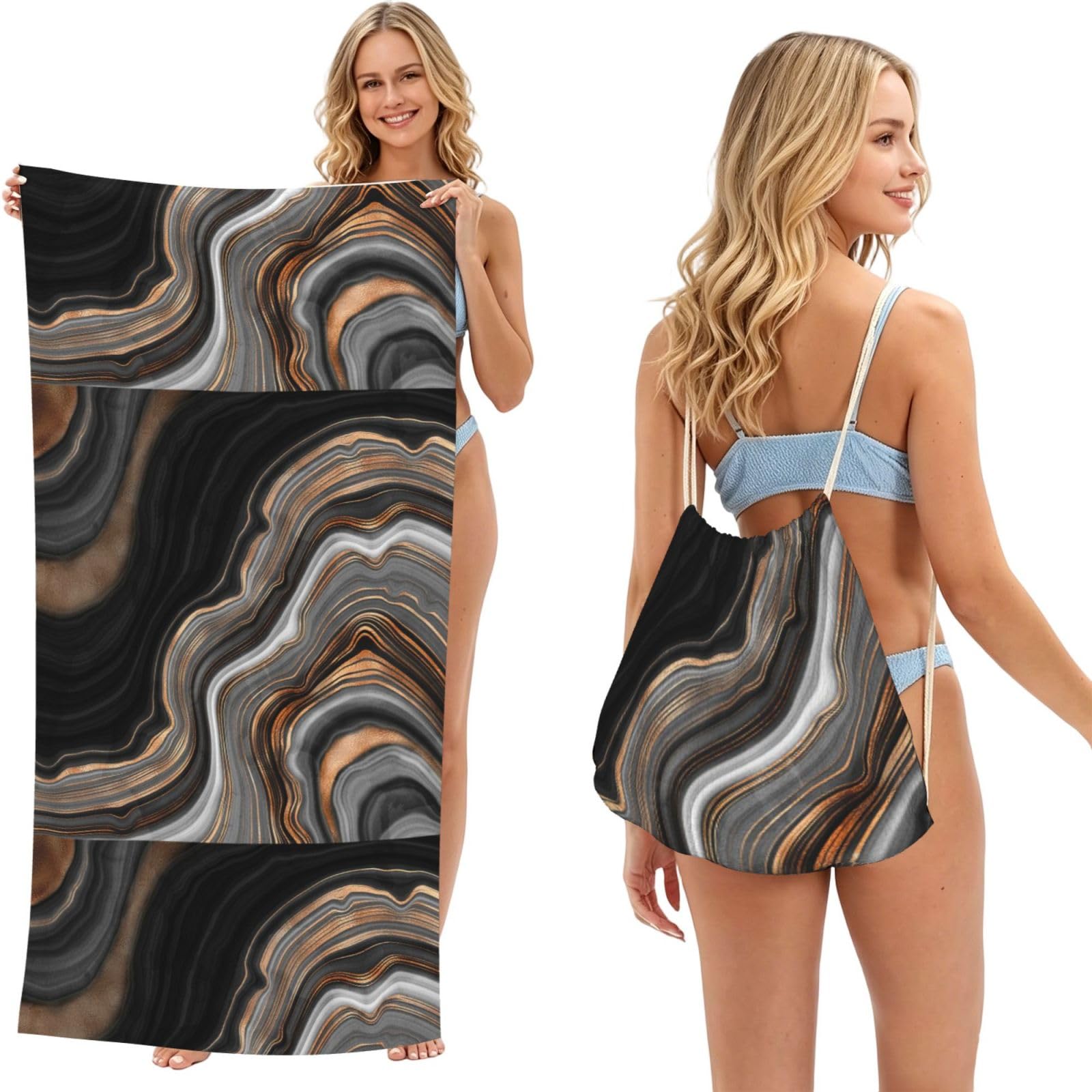 Poadnly Elegant Black Marble With Gold And Copper Veins, 2 in 1 Packable Towel Bag, Beach Towels with Drawstring Backpack for Travel Holiday Camping