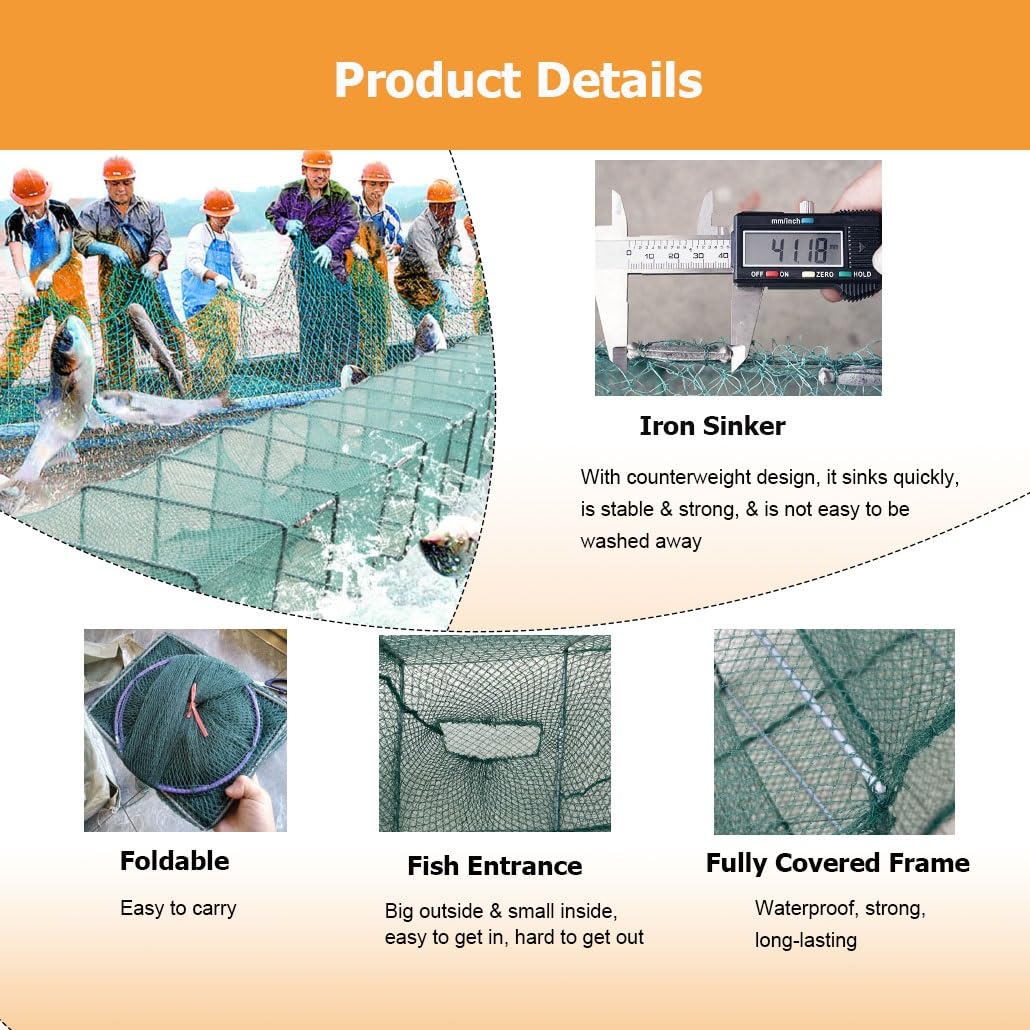 Trampa for camarones y cangrejos de 7,9 a 52,5 pies de Largo, trampas for Peces, Red de Pesca de Agua Salada, Captura automáticamente más Peces fácilmente