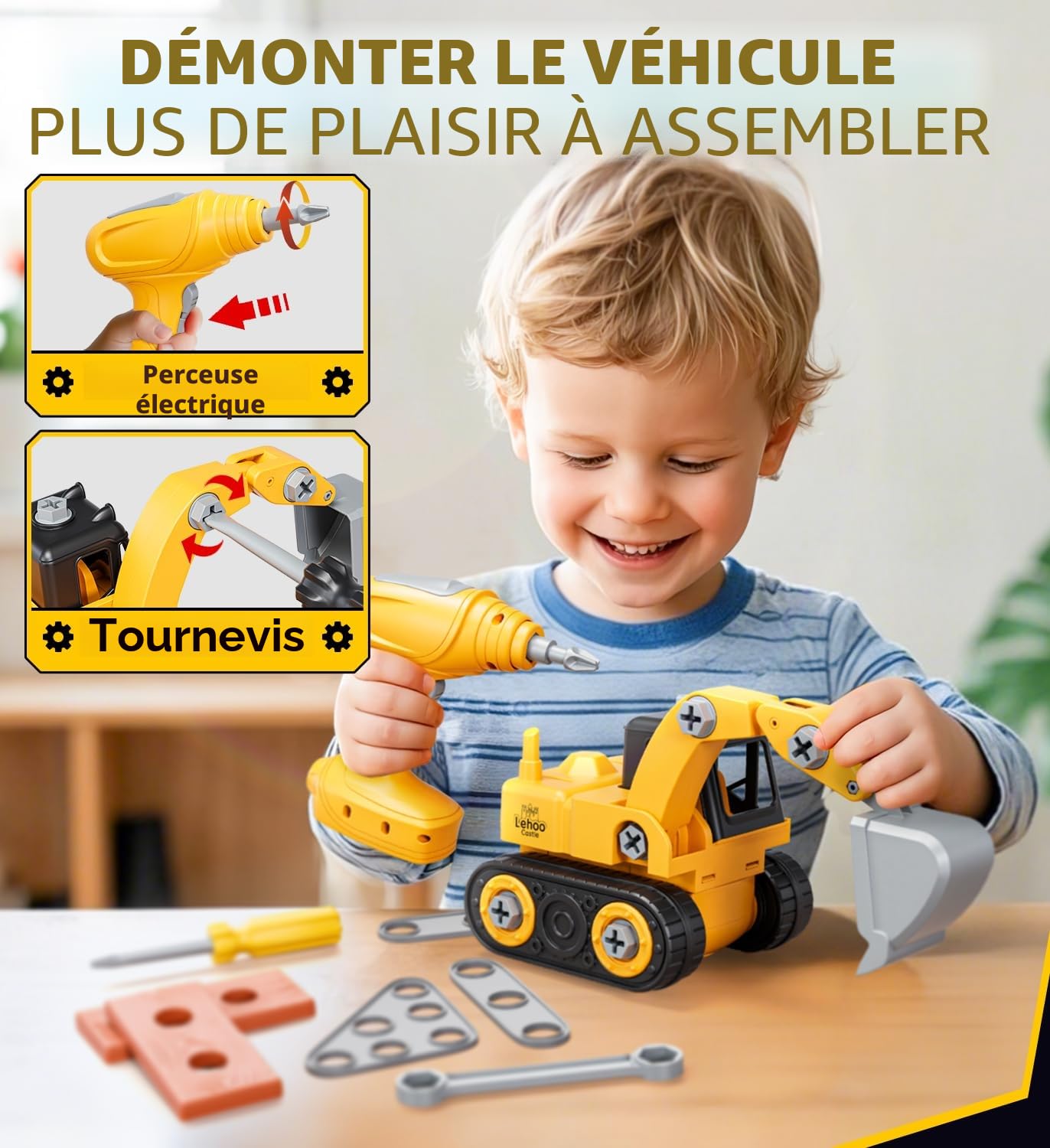 Lehoo Castle Boite Outils Enfant, Etabli avec Perceuse Électrique, Visseuse, Metre Ruban, Démonter et Assembler Voiture, Caisse a Outil Cadeau Montessori Jouets pour Enfant 3 Ans+