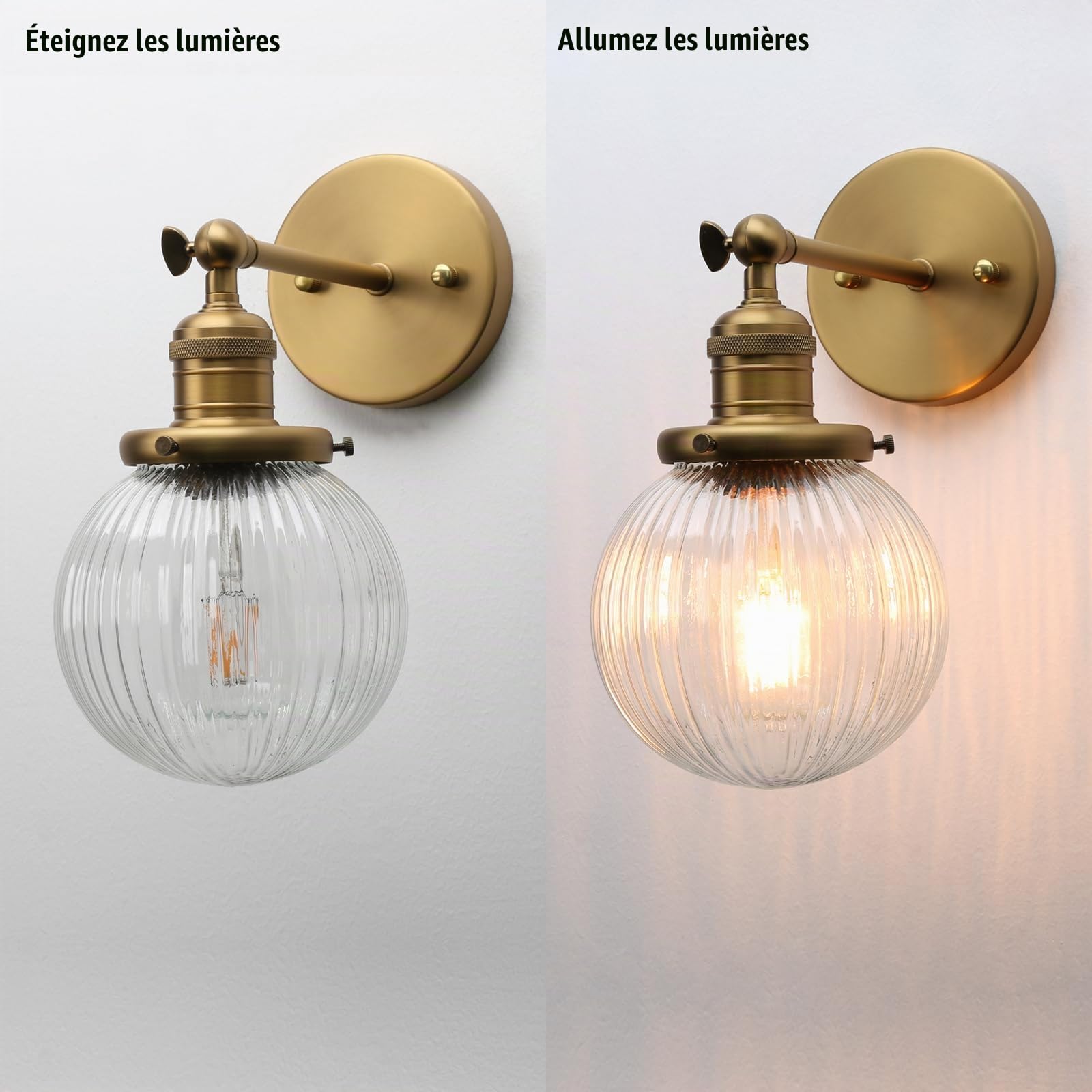 Pathson Industriel Applique Murale Abat-jour en Verre Strié Éclairage Intérieur, E27 Miroir Lampe Murale pour Salon, Salle de bain, Chambre à Coucher (Antique)