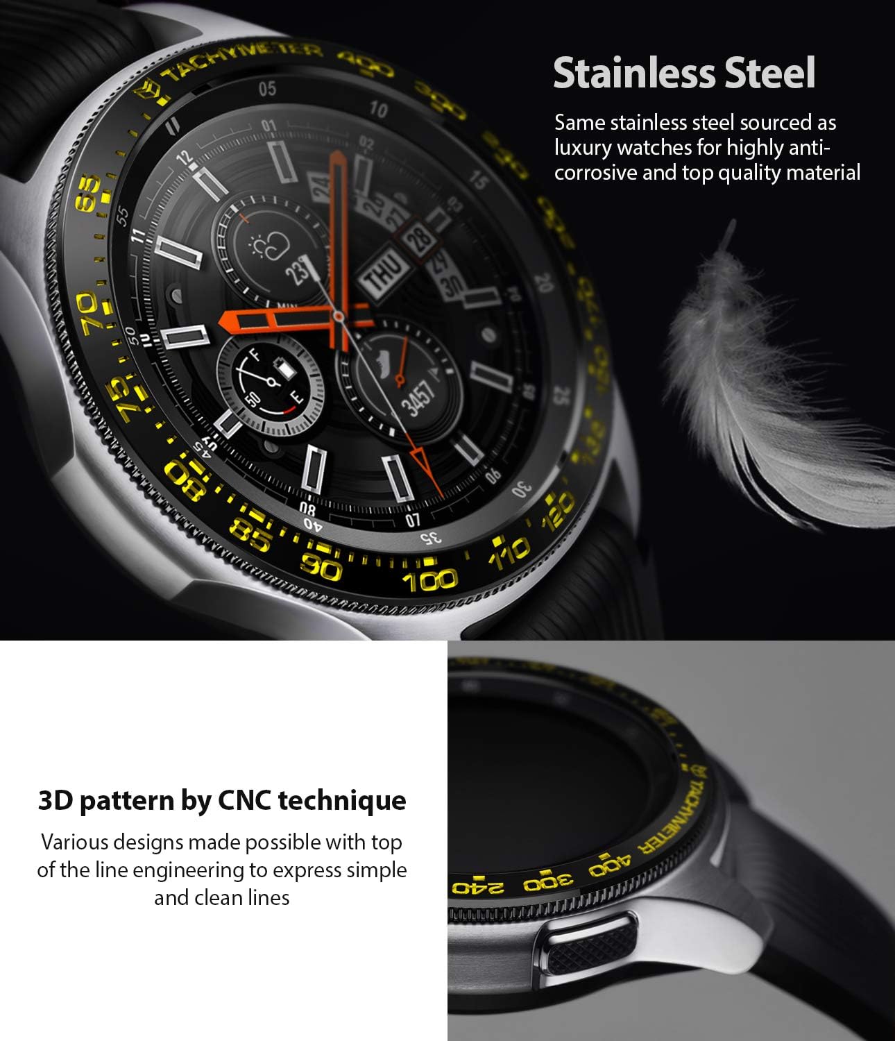 Ringke Bezel Styling for Galaxy Watch 46mm / Galaxy Gear S3 Frontier & Classic Bezel Ring Adhesive Cover Anti Scratch Stainless Steel Protection Tachymeter [Stainless] for Watch Accessory GW-46-04