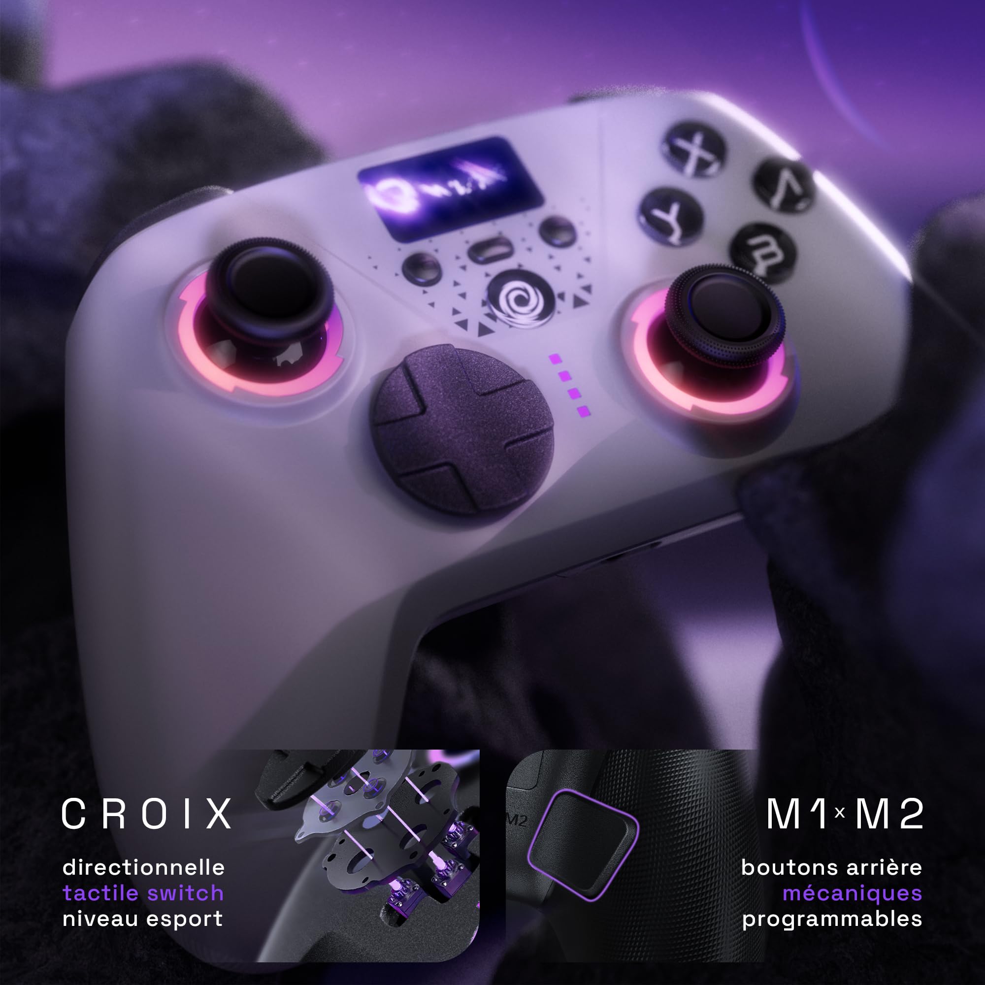 Oniverse Manette sans fil pour Switch 2/Switch/OLED/Lite/PC/Mobile, Écran intégré, Joysticks et gâchettes Hall Effect, 11h, Tactile switch D-pad, Boutons macro arrière mécaniques - Aura (White)